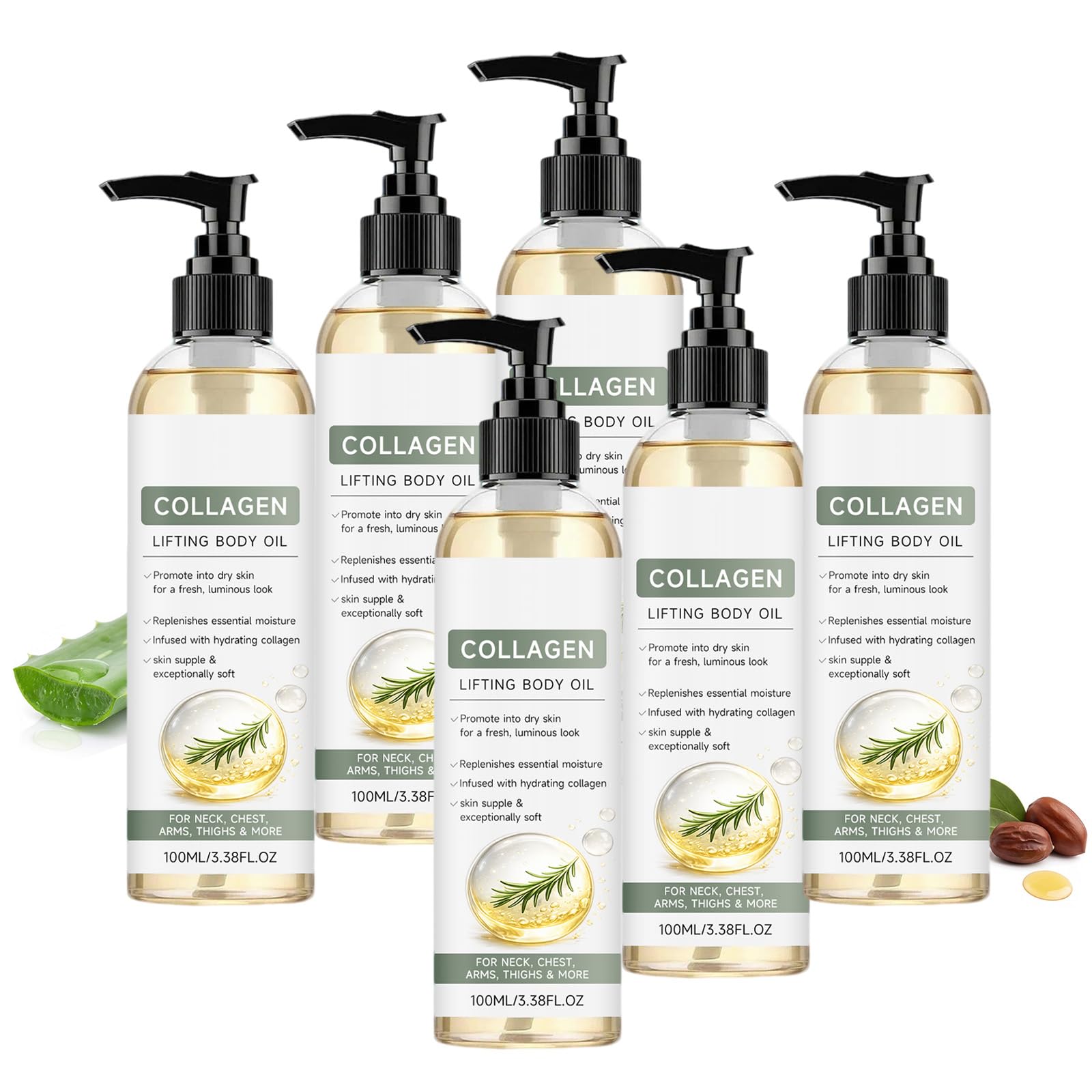 Olio per il corpo per lifting del collagene dopo la doccia, con formula idratante, ad assorbimento rapido, rassodante olio per la cura del collo, braccia e cosce, consistenza setosa per freschezza (6