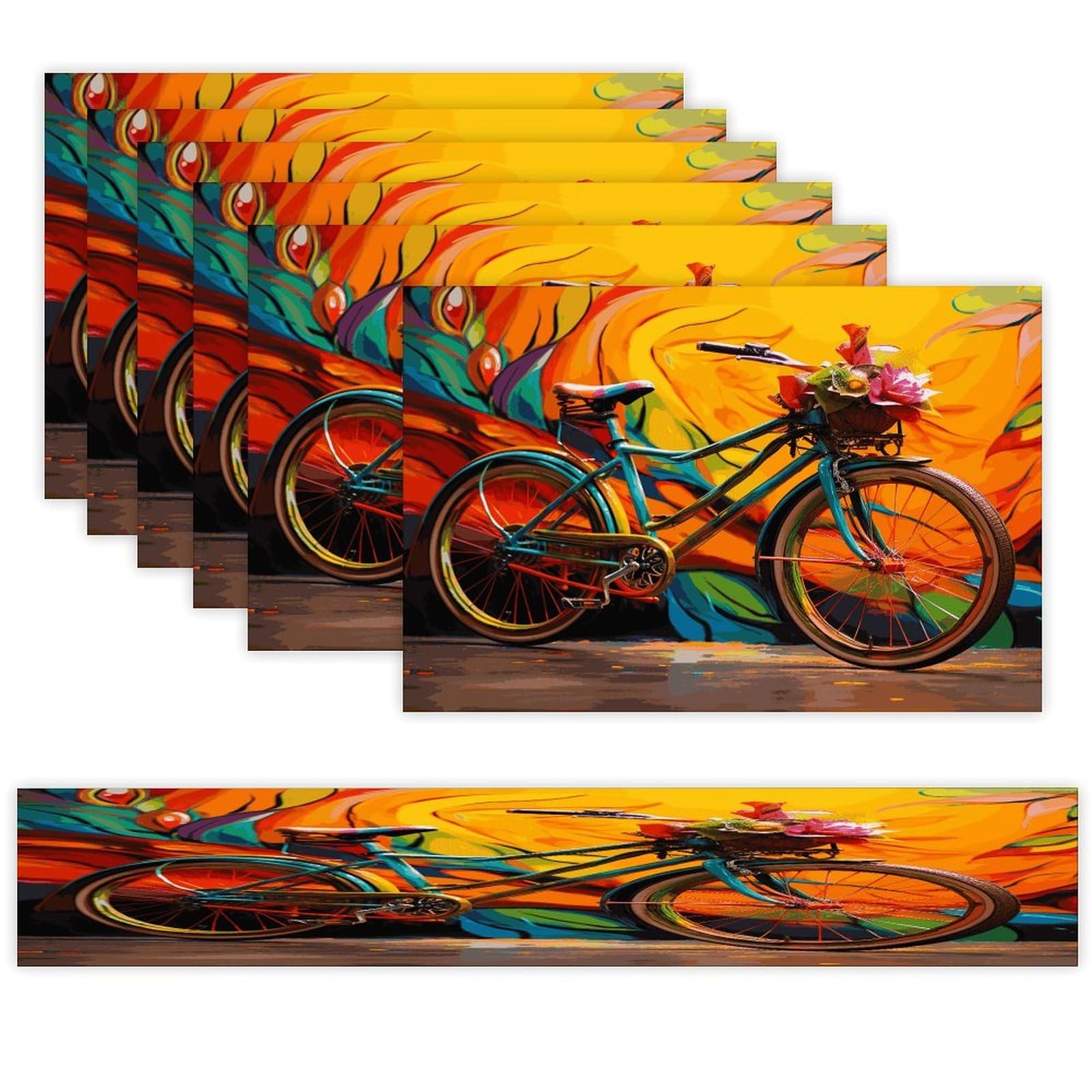 Colorful Bicycle Table Runner and Placemats Set of 6 for Kitchen Washable Table Mats Heat Resistant Place Mats Non-Slip Place Mat Wipeable Placemat(6 Placemats+1 Table Runner)