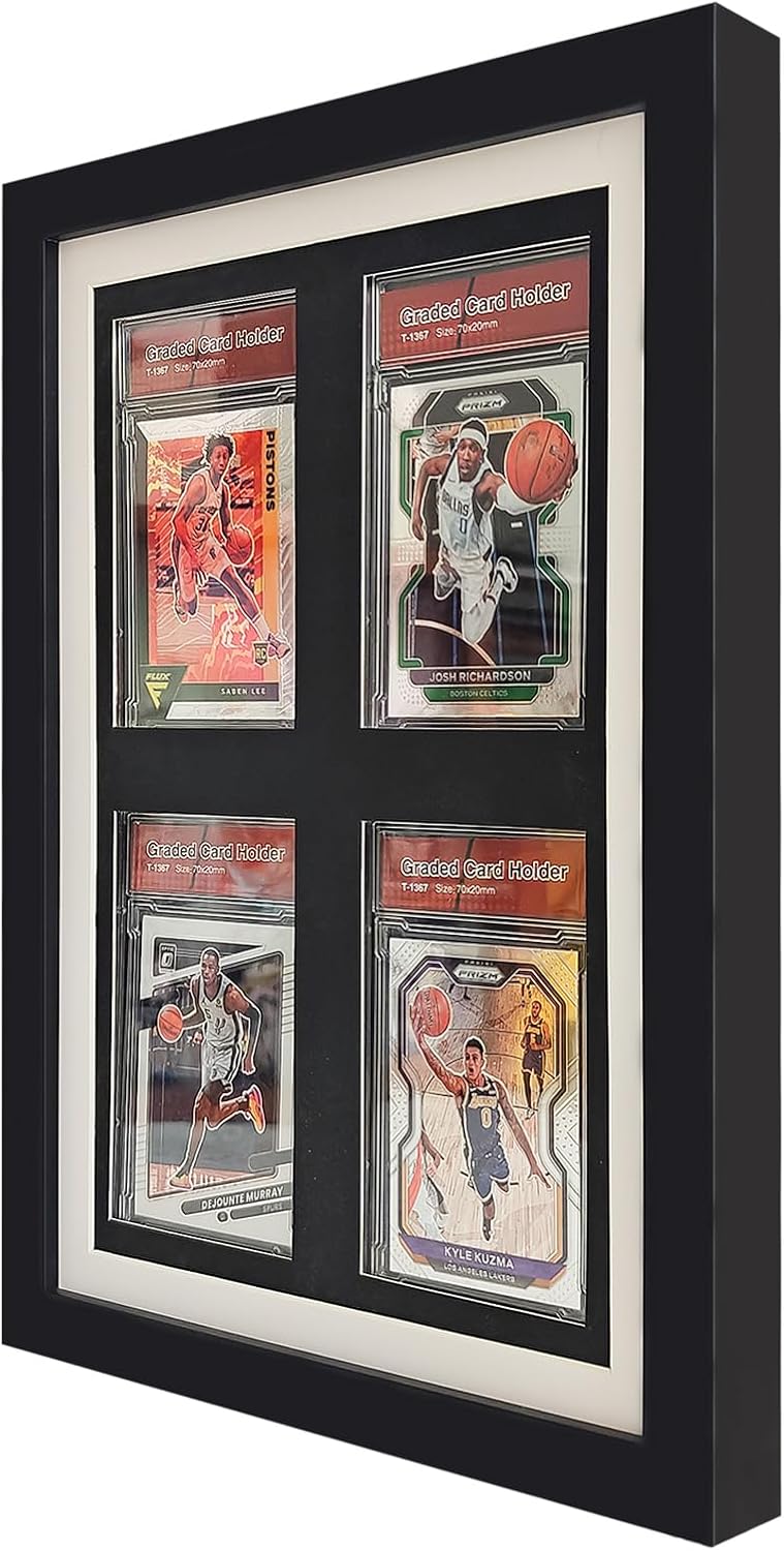Trading Card Display Frame, PSA Graded Card Display Frame, 4 Grids Baseball Card Frame - Desktop/Wall-Mountable for Basketball Football Baseball Hockey Pokemon PSA Cards (Black)