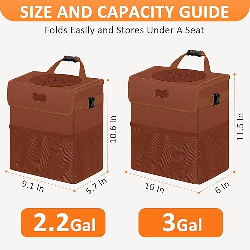Miniatura 7 de Cubo de basura para coche, marrón, capacidad de 2.2 galones, impermeable, material de poliéster, correa ajustable, diseño colgante, forro a prueba