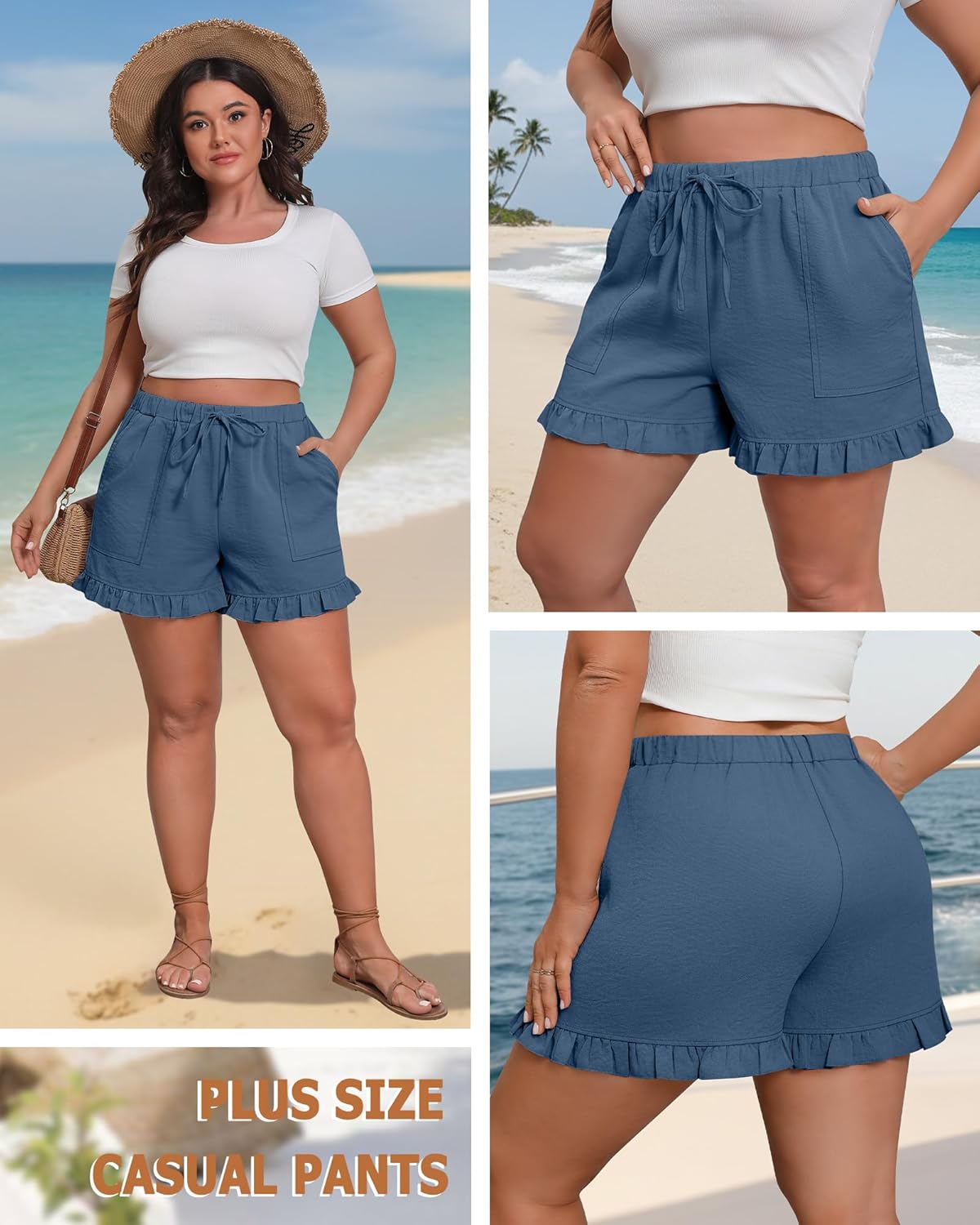 Plus Size Linen Shorts for Curvy Women Wide Leg Elastic Drawstring Shorts Casual Loose Summer Pants with Pockets - Image 4