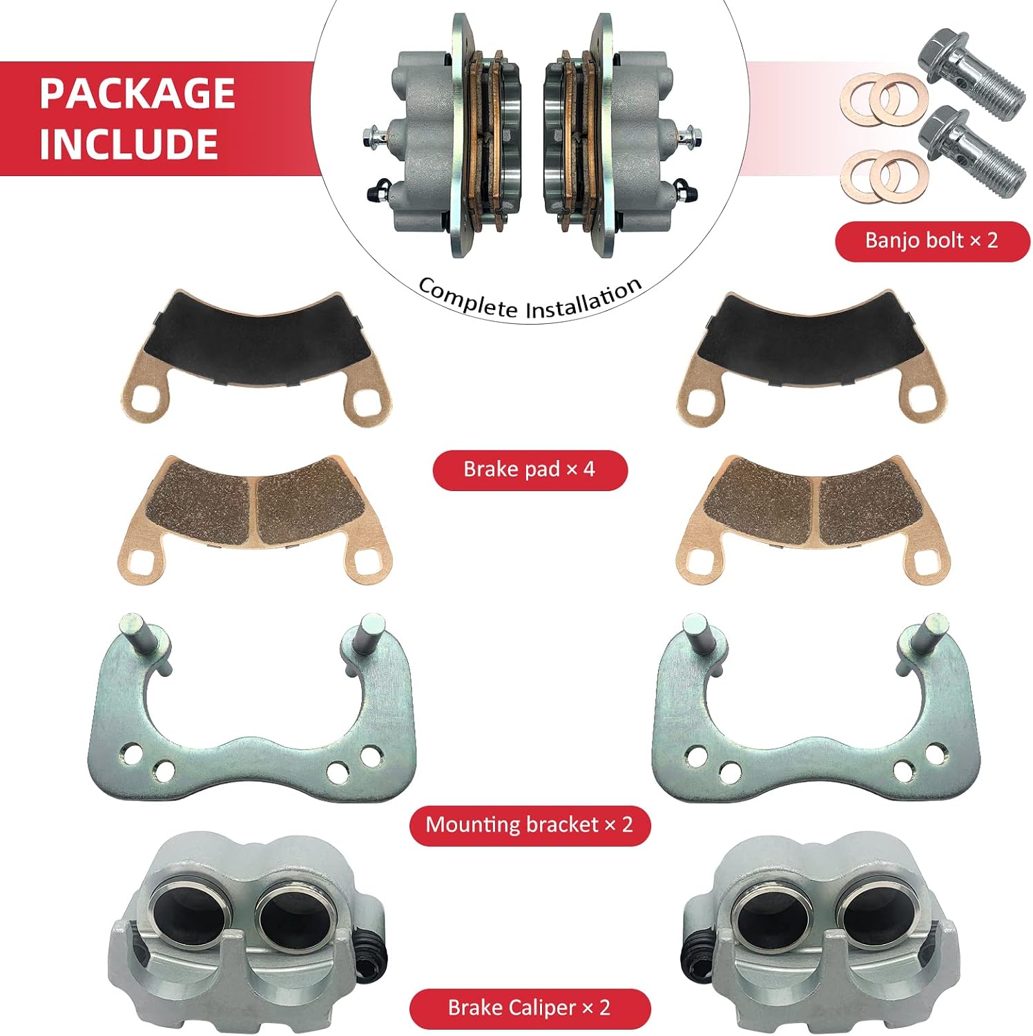Upgrade Left & Right Rear Brake Calipers & Pads Sintered for Polaris RZR-4-900 Ranger Crew 570/700/800-6x6/900/1000/Diesel MVRS 700/800
