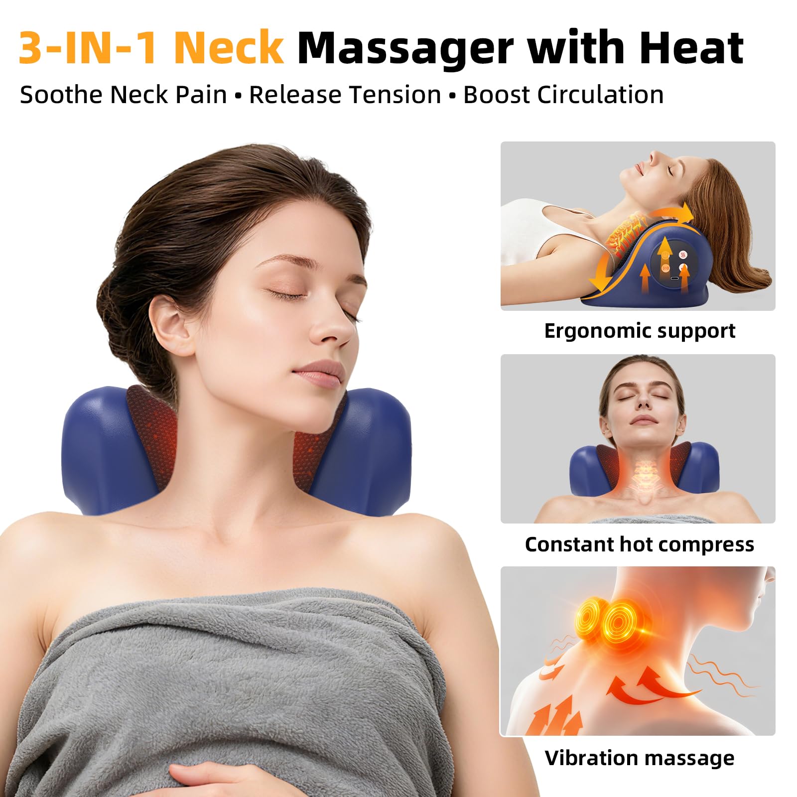 Nackenmassagegerät Kabellos SteBeauty, Massagegerät Nacken Mit 2000 mAh Akku, Elektrische Nackenmassagegerät Mit Wärme, 3 Modi und 3 einstellbare Frequenz, geschenke für frauen männergeschenke | 3-in-1 Kabellose Elektrische Schultermassage mit 2000mAh Ges