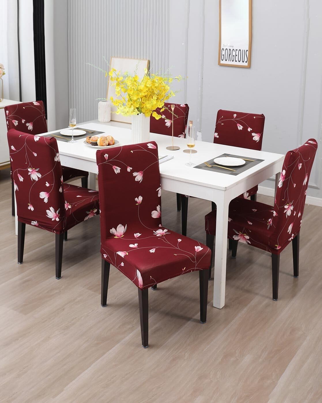 Gifts Island Polyester Floral Print Dining Table Chair Cover Set of 6 Seater Stretchable Washable Chair Seat Slipcover Protector (Maroon) (B0CSK15YD3) Amazon Price History, Amazon Price Tracker