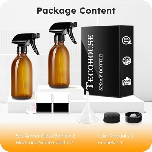 Miniatura 2 de Tecohouse Botellas rociadoras de vidrio de 8 onzas, botellas de spray para el cabello ámbar, paquete de 2 recipientes rociadores vacíos recargables