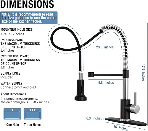 Miniatura 29 de DJS Grifos de cocina con rociador desplegable níquel cepillado sin contacto de una sola manija 1 o 3 agujeros, grifo de fregadero de cocina