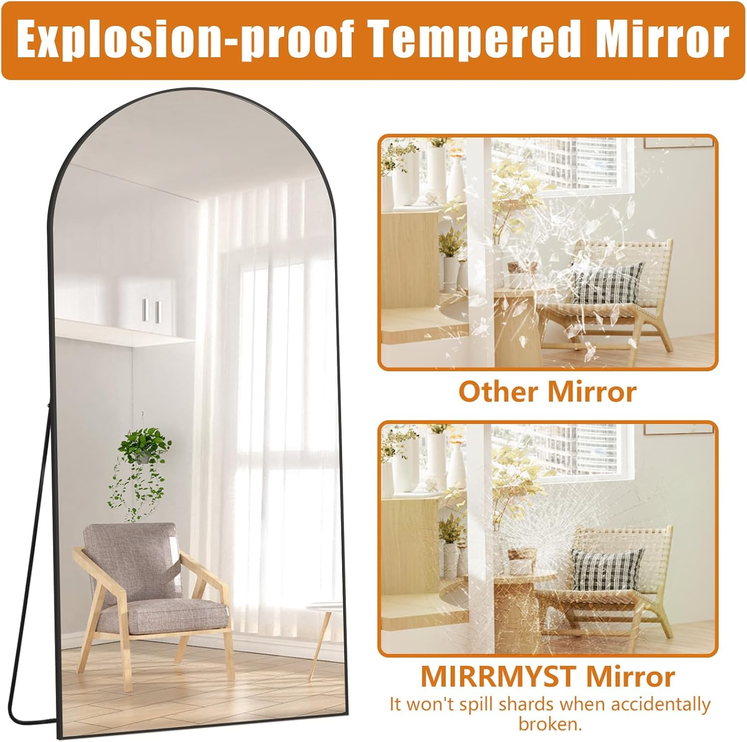 Arched Full Length Mirror, 76"x34" Large Floor Mirror Blake Free Standing Mirror Full Length for Bedroom Living Room Gym, Tempered Glass - Image 5