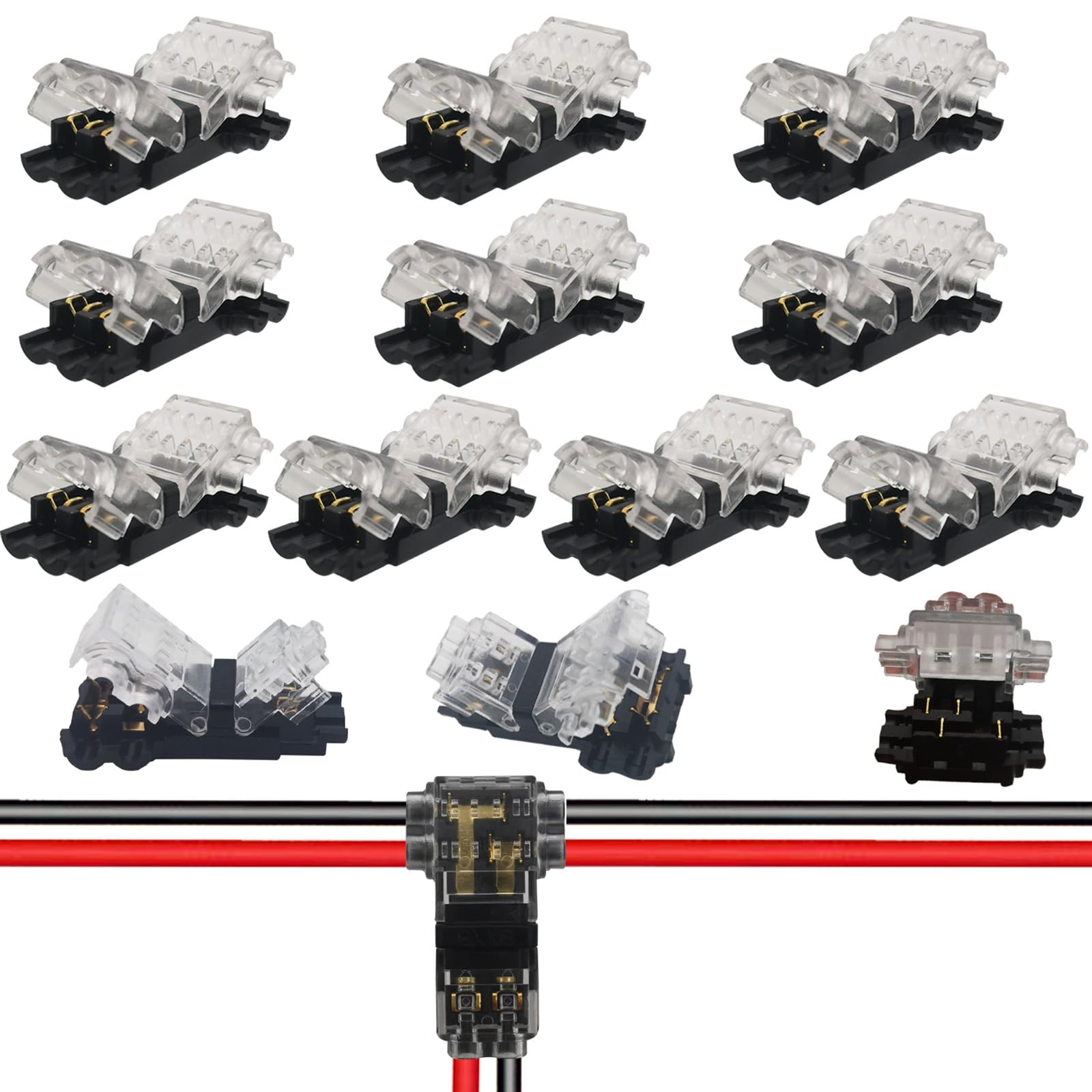 CTRICALVER Low Voltage H T Tap Quick Splice Wire Connectors No Wire-Stripping Compact Electrical Wire Terminals for 18-22 AWG T Type 2-pin 10Pcs Black Transparent T2