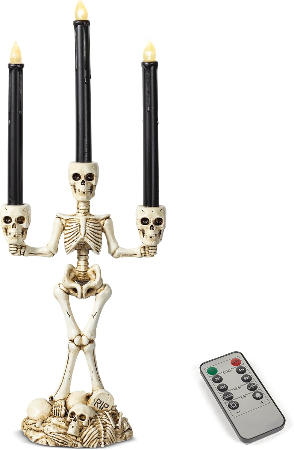 KI Store Skeleton Halloween Candelabra with Black LED Candles Set 20-Inch Gothic Decorations for Fireplace Mantel Table Centerpieces (Black and White)