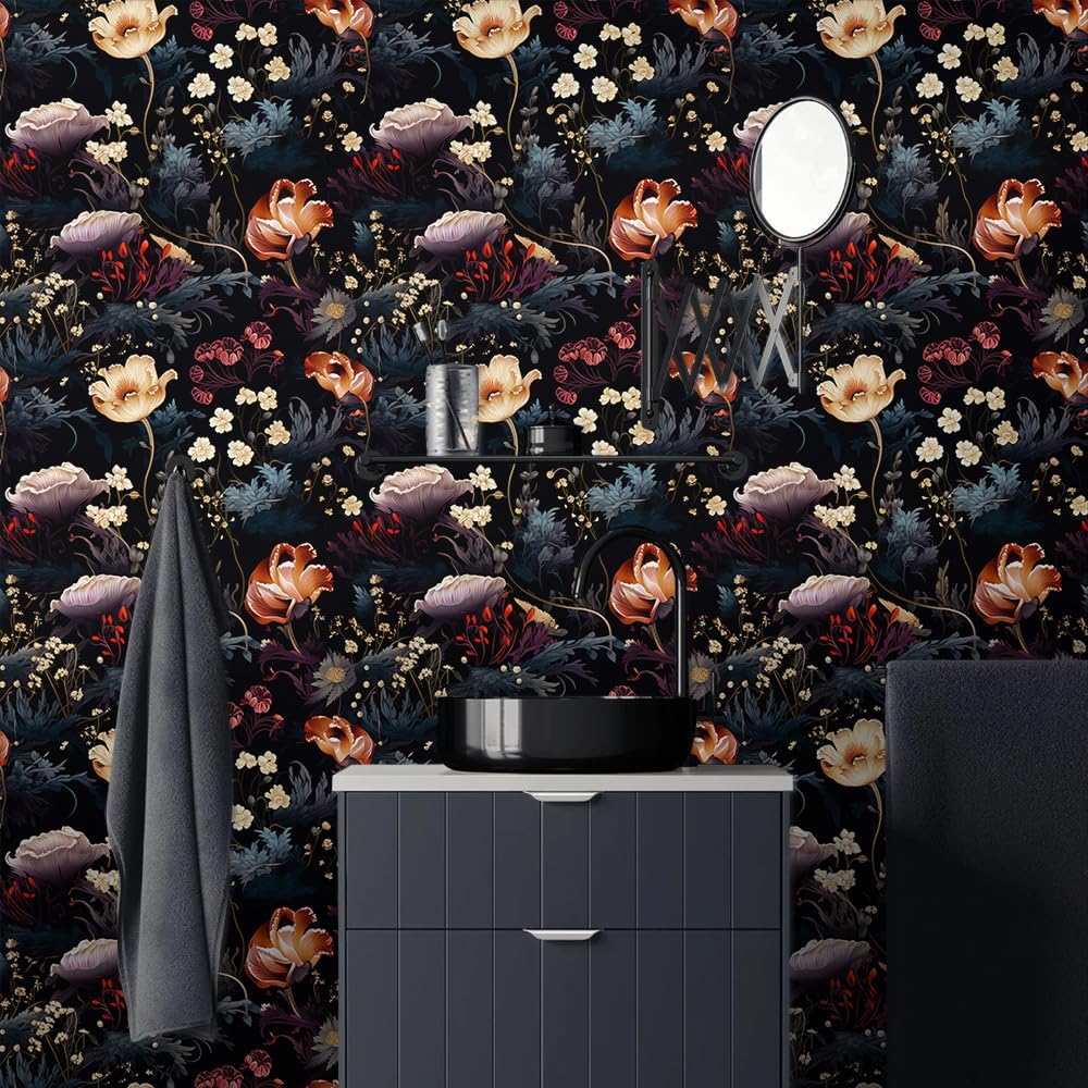 18"x236" Dark Purple/Orange Peony Flower Peel and Stick Self Adhesive Wallpaper Removable Contact Paper Stick on Easy Peel Off Wall Paper for Kitchen Bedroom Bathroom Renter