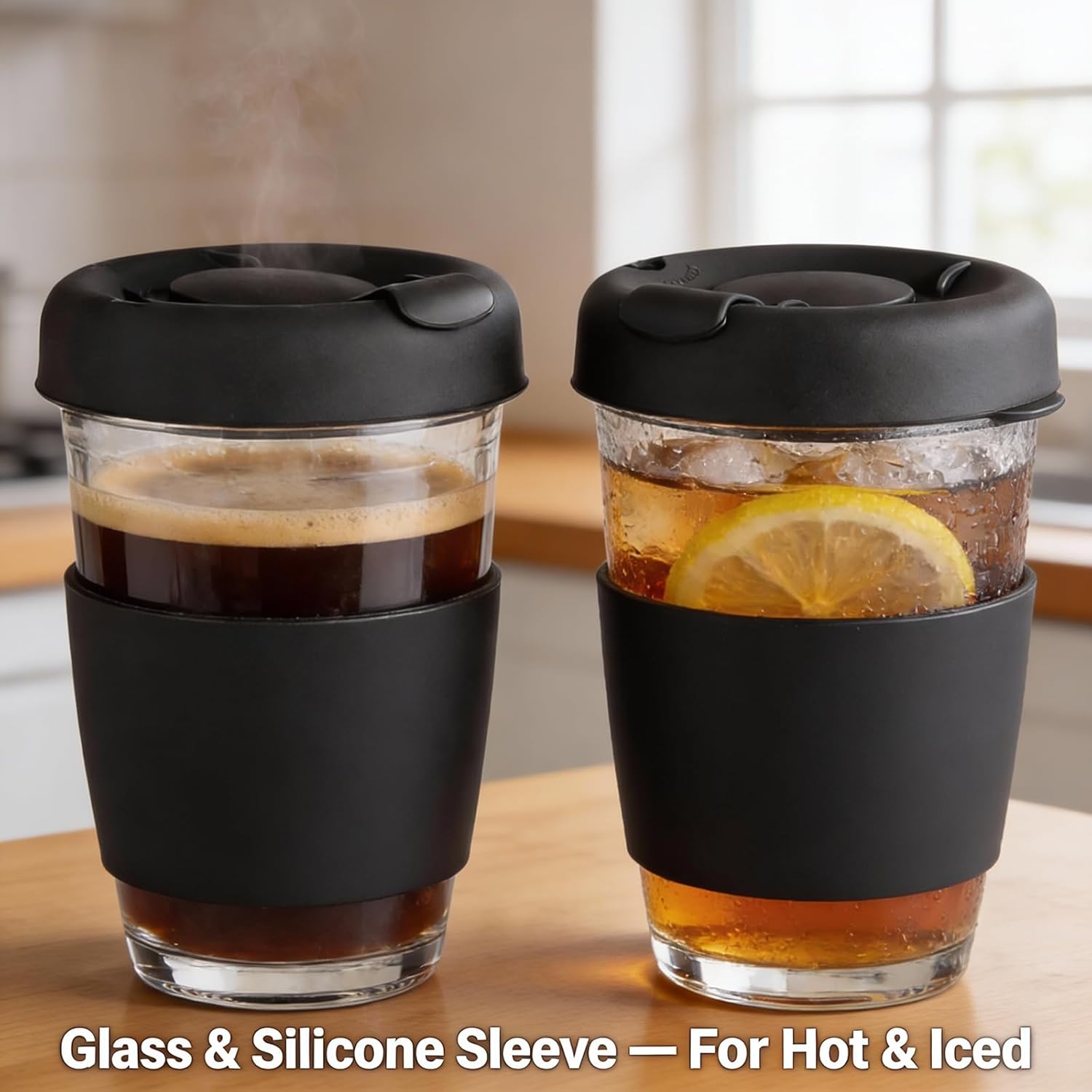 12 oz Glass Coffee Cup with Lid and Sleeve, Black Travel Coffee Mug for Hot or Iced Drinks, Reusable Travel Tumbler for Home, Office, or On The Go, Leak Proof, BPA Free - Image 3