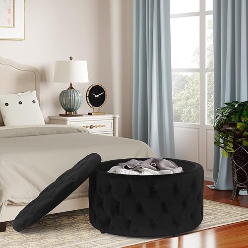 Miniatura 8 de Homebeez Otomana redonda de terciopelo de 28 pulgadas, reposapiés con botones copetudos, mesa de centro para sala de estar, gris a rayas