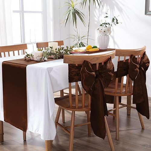 Miniatura 2 de Paquete de 5 caminos de mesa de satén marrón chocolate, 12 x 108 pulgadas, camino de mesa de seda satinada brillante, tela suave, camino de mesa