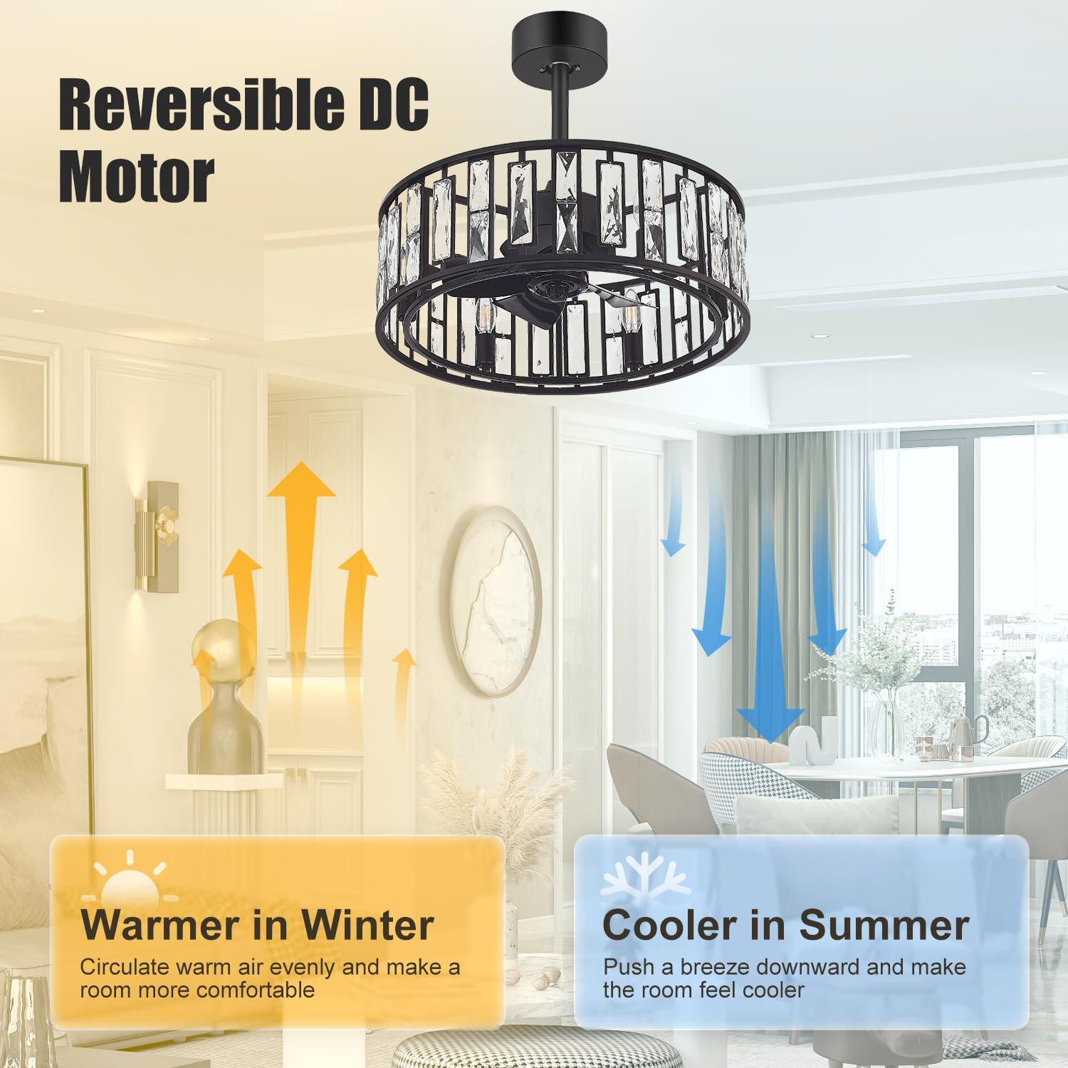 20" Small Caged Ceiling Fans with Lights and Remote, Industrial Enclosed Ceiling Fan Crystal Light with Reversible DC Motor, Bladeless Ceiling Fans for Bedroom Living Room (Black)