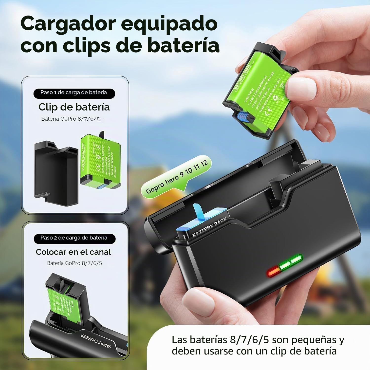 Cargador de batería para Go Pro Hero 12/11/10/9/8/7/6/5-3 Ranuras Cargador de batería con Accesorios para batería, 2 memorias para Tarjetas TF, Carga rápida, Apta para Bajas temperaturas