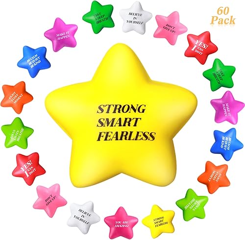Miniatura 2 de Sratte 60 bolas motivacionales para el estrés para niños y adultos, juguetes de estrellas con citas de colores surtidos, pequeños juguetes de