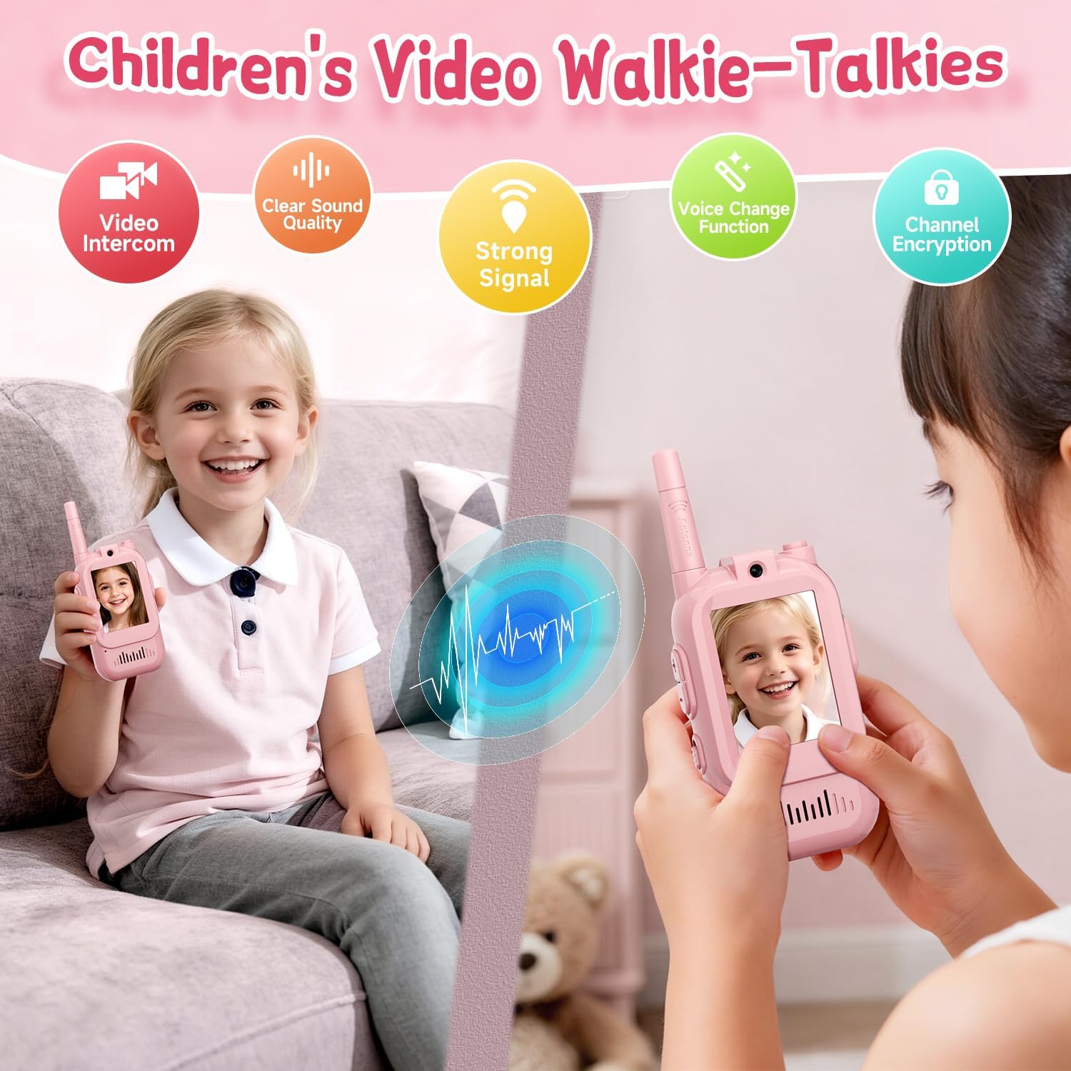 Video Walkie Talkies for Kids, Handheld 2 Pack Rechargeable Video Intercom Kids Walkies Talkies, Indoor Outdoor Toys for Family Games, Outside, Camping, Hiking for Boys Girls Ages 3-12 (Pink/Pink) - Image 3