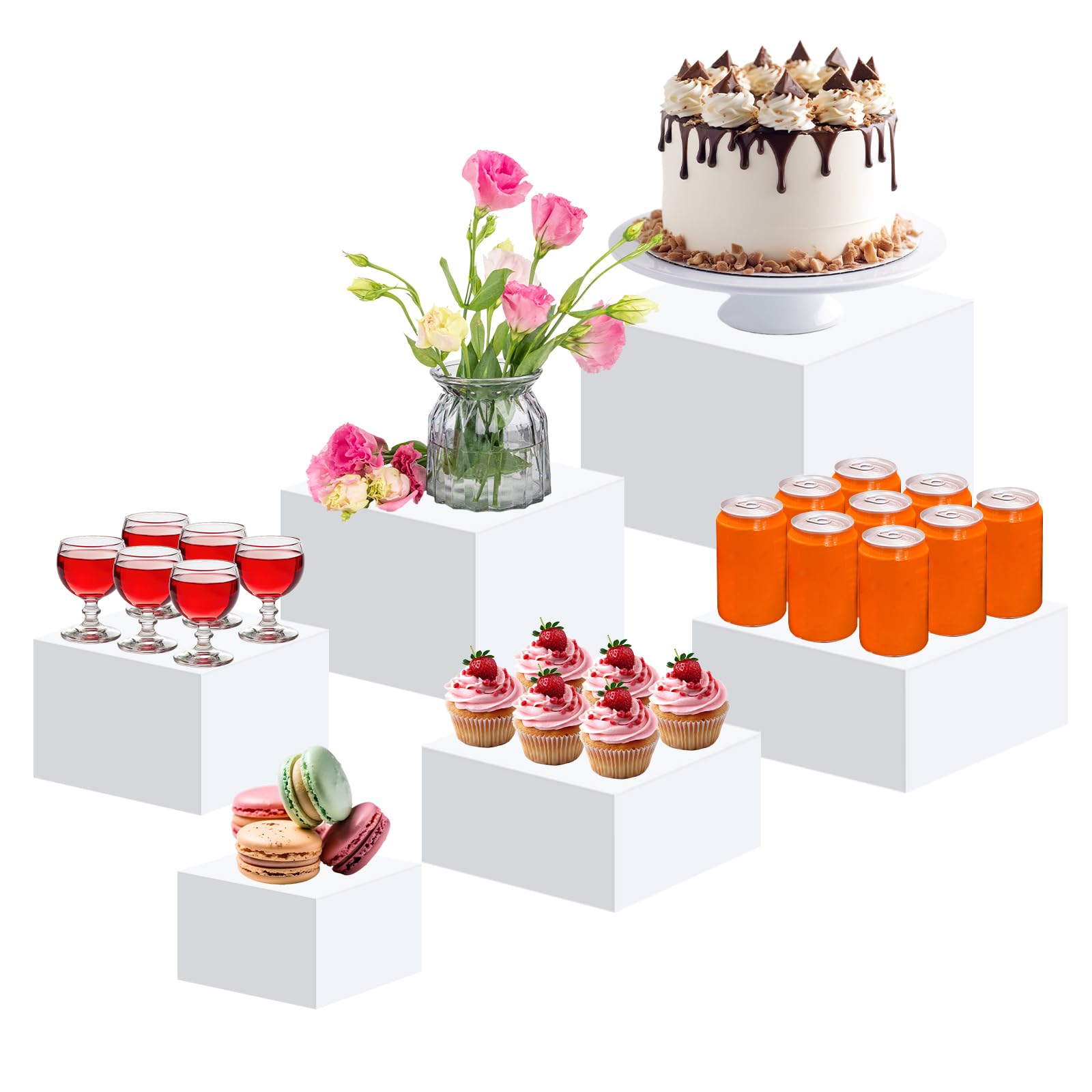 6 scatole acriliche bianche, supporto per buffet in acrilico, supporto per dessert con base cava, display per alimenti Risers, cubetti in acrilico, per dolci, gioielli, espositore a cubo con fondo