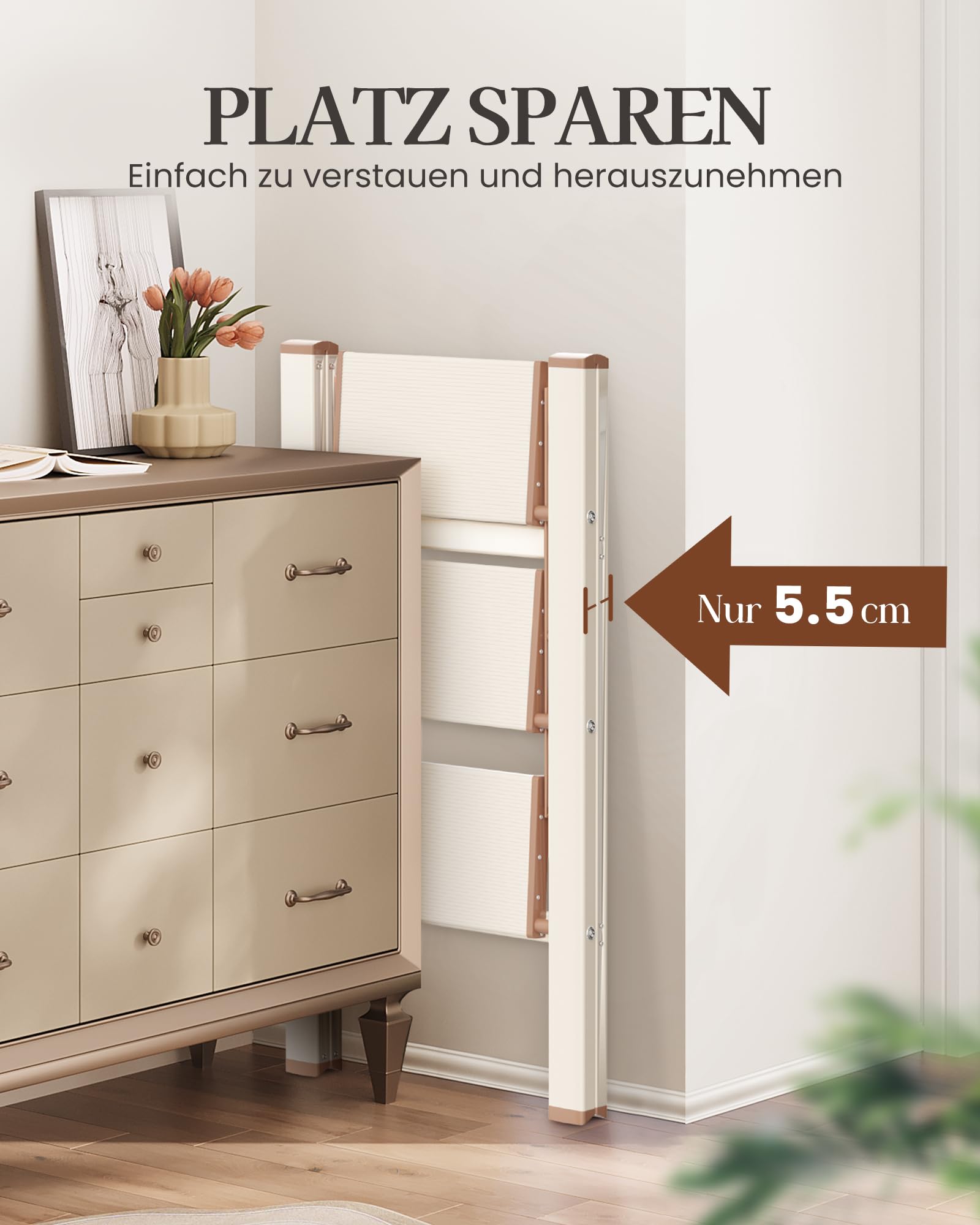 3 Stufen Leiter, klappbarer Tritthocker mit breitem Anti-Rutsch-Pedal, leichtes und dennoch stabiles Aluminiummaterial, 150 kg Tragkraft, für Innen- und Außenbereich, Sahne Schokolade
