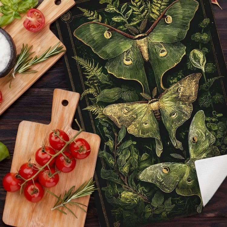 Dark Academia Green Luna Moth Kitchen Dish Towels, Moth Gifts for Women, Gothic Dark Cottagecore Botanical Ferns Decorative Hand Tea Towels for Bathroom Kitchen, 16x24 Inches - Image 6