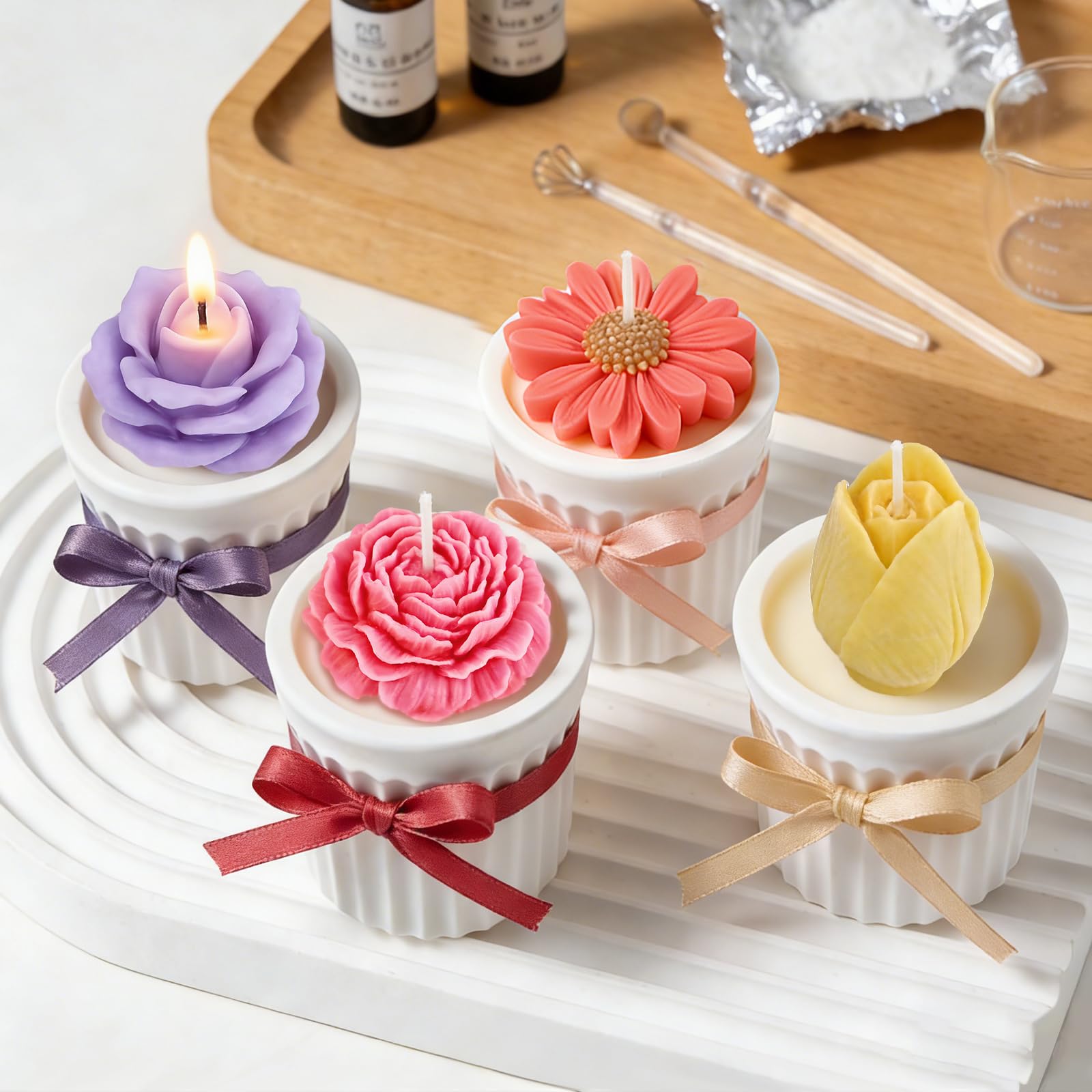 Juego de 4 moldes de silicona para flores, moldes de silicona florales 3D con margaritas, peonías, rosas, tulipanes, fácil liberación, ideal para velas de bricolaje, jabón, regalos de fundición de