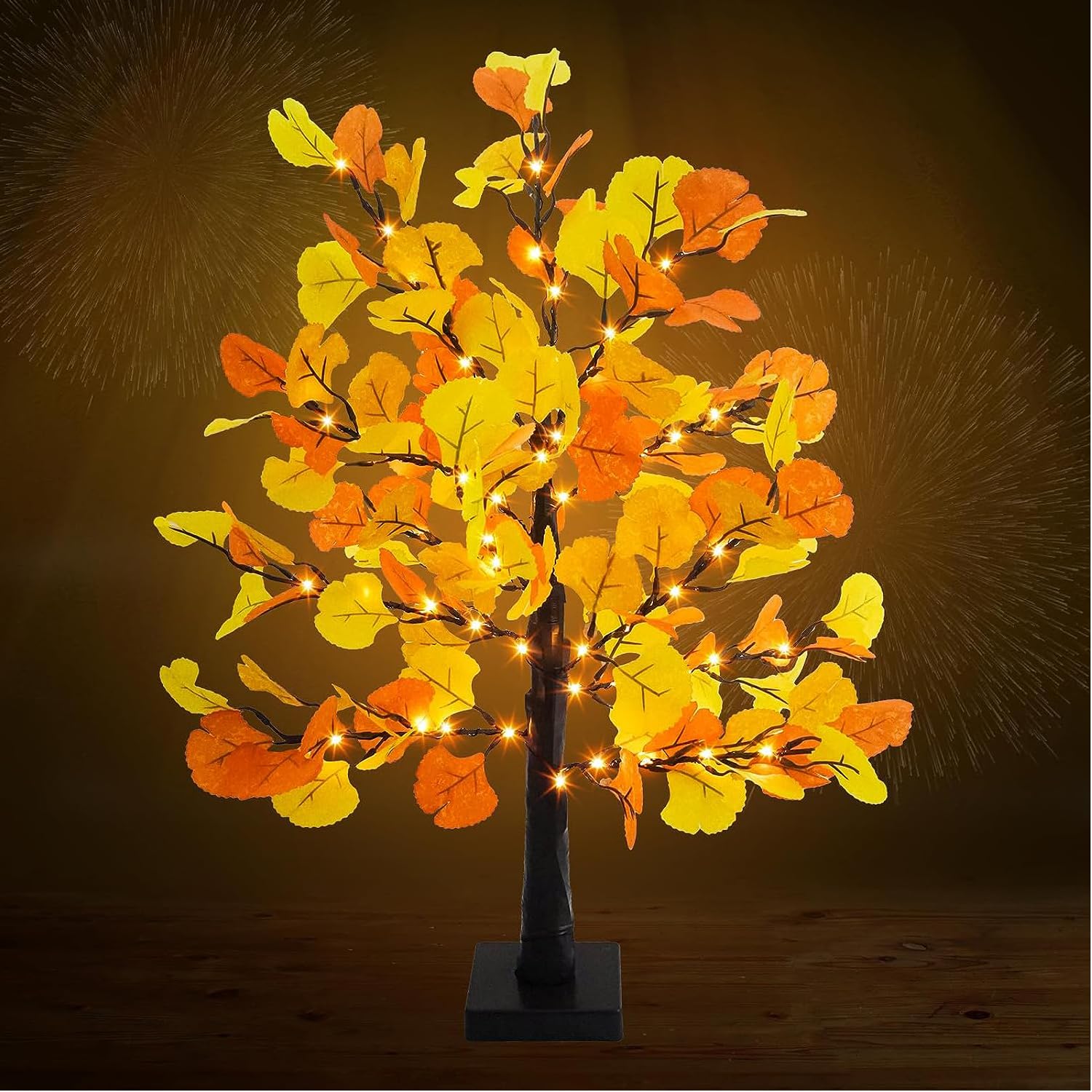 XhuangTech 24inch Pre-lit Fall Ginkgo Tree Decor, 60 LED Tabletop Bonsai Tree Light, Battery/USB Operated Artificial Lamp for Home Autumn Halloween Christmas Decor