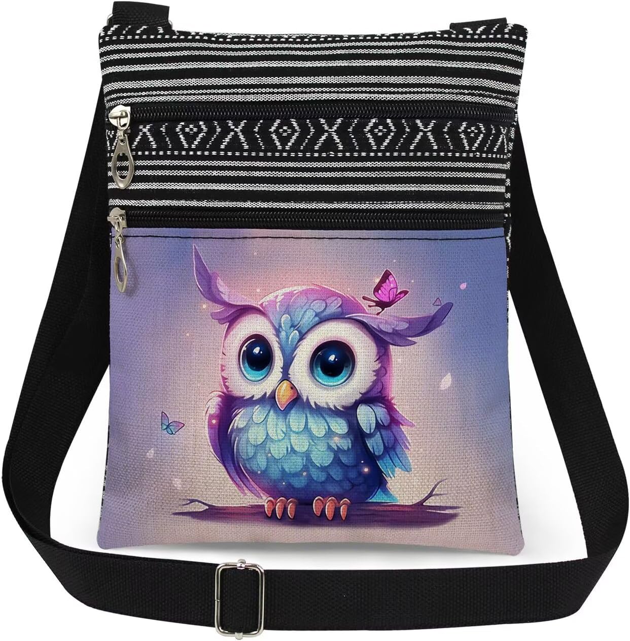 Cute Purple Owl Print Crossbody Bag Adjustable Unisex Shoulder Purse Owl Lovers Gift for Sisters Teen Women & Men Birthday Christmas Gift Outdoor Travel Messenger Bag