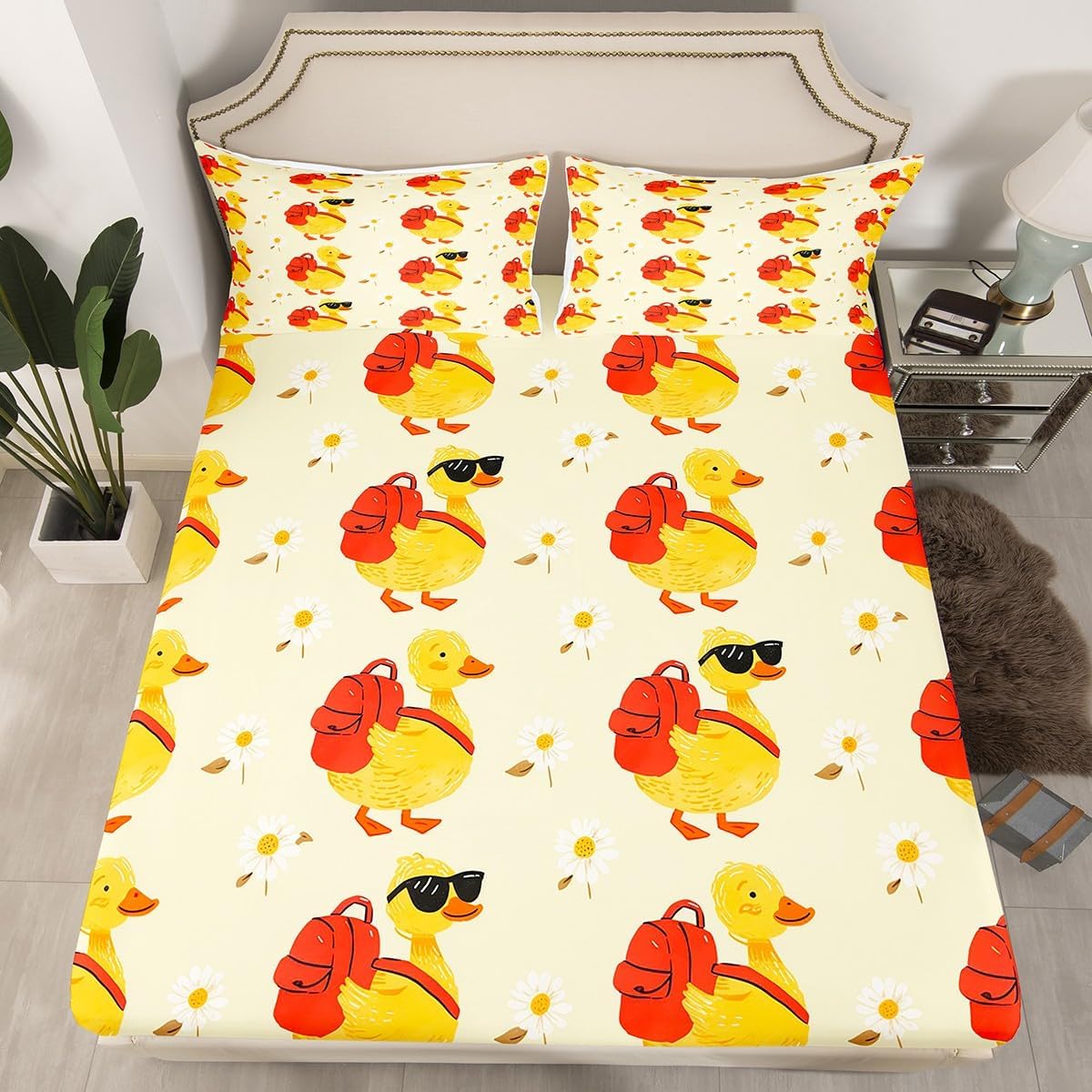 Erosebridal Funny Duck with Bag Queen Fitted Sheet | Cute Yellow Ducks Bedding Set for Kids Girls Boys, Daisy Floral Bed Set, Duck Lovers Gifts Kawaii Bottom Sheets 3 Piece Bedroom Decor image 2