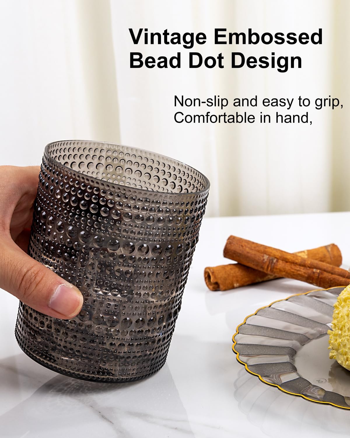 YOUBET 24PCS Plastic Drinking Glasses - 14OZ Black Hobnail Drinkware Glasses - Vintage Glassware Textured Beaded Cups for Water, Beer, Whiskey, Juice and Various Mixed Drinks for Party