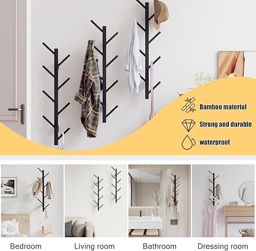 Miniatura 3 de Perchero de pared vertical de bambú para pared, perchero de pared, árbol, perchero, perchero flotante para sombreros, chaquetas, bolsos, entrada y