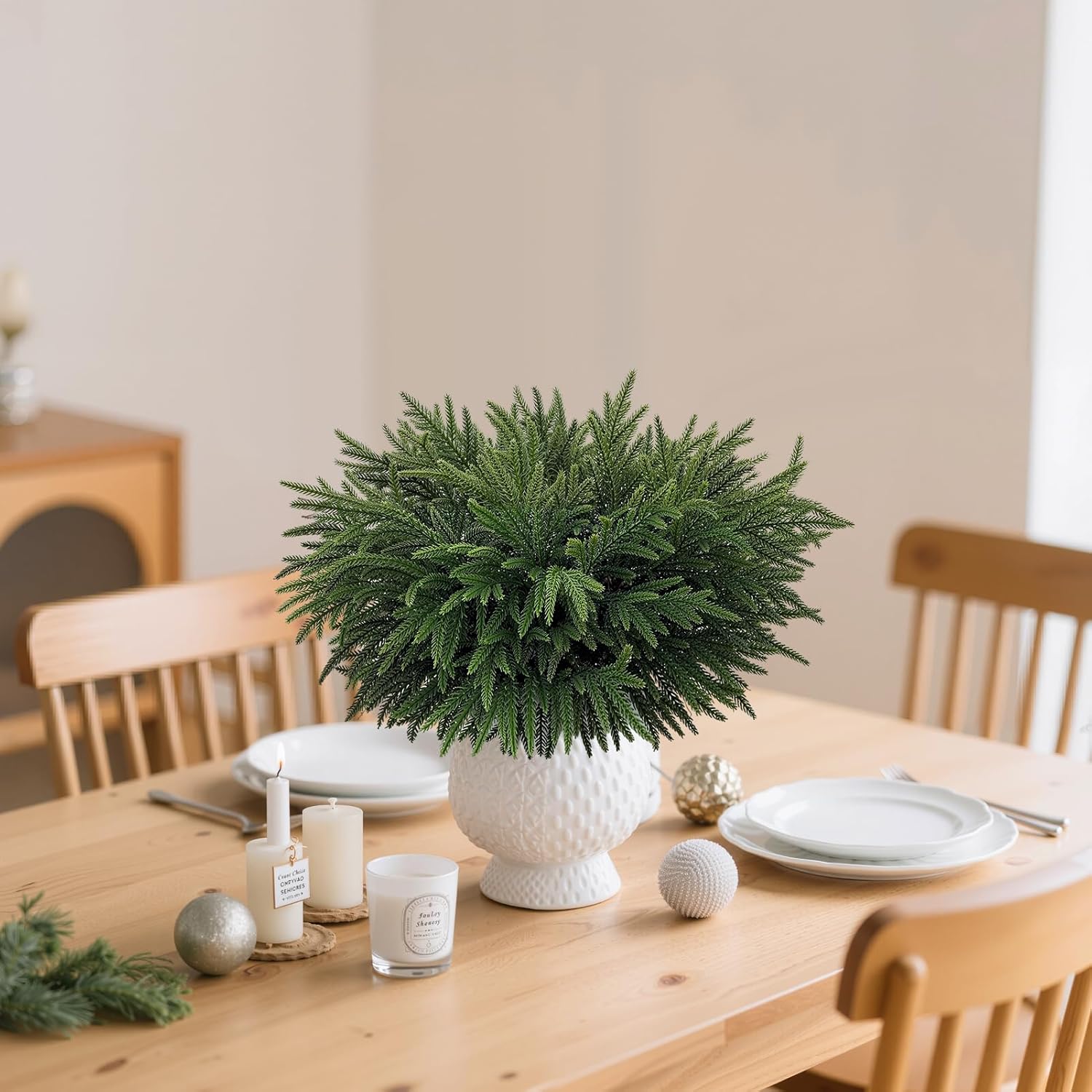 16 Pcs Real Touch Norfolk Pine Branch, 24 Inch Artificial Green Plants Branches, Faux Greenery Pine Stem Fake Cedar Picks for Vase, Christmas Pine Branches for Home Indoor Decor