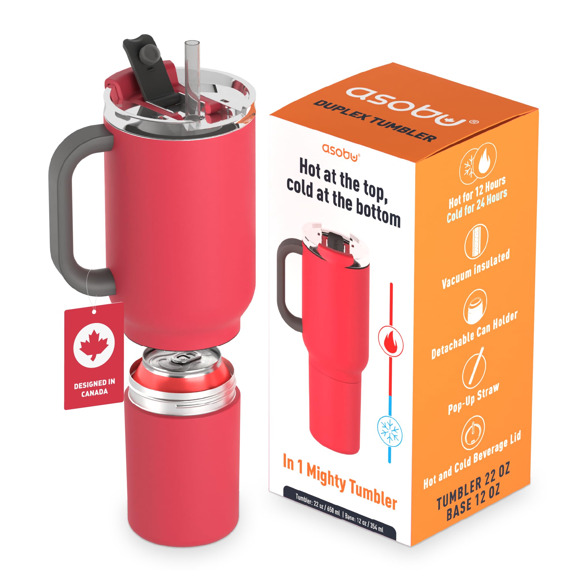 asobu DUPLEX 2-in-1 Travel Mug and Beer Can Holder Enjoy hot and cold drinks simultaneously -22 oz Hot Coffee or Tea Tumbler with Attached 12 oz Cold Can Holder for Beer or Soda, Red