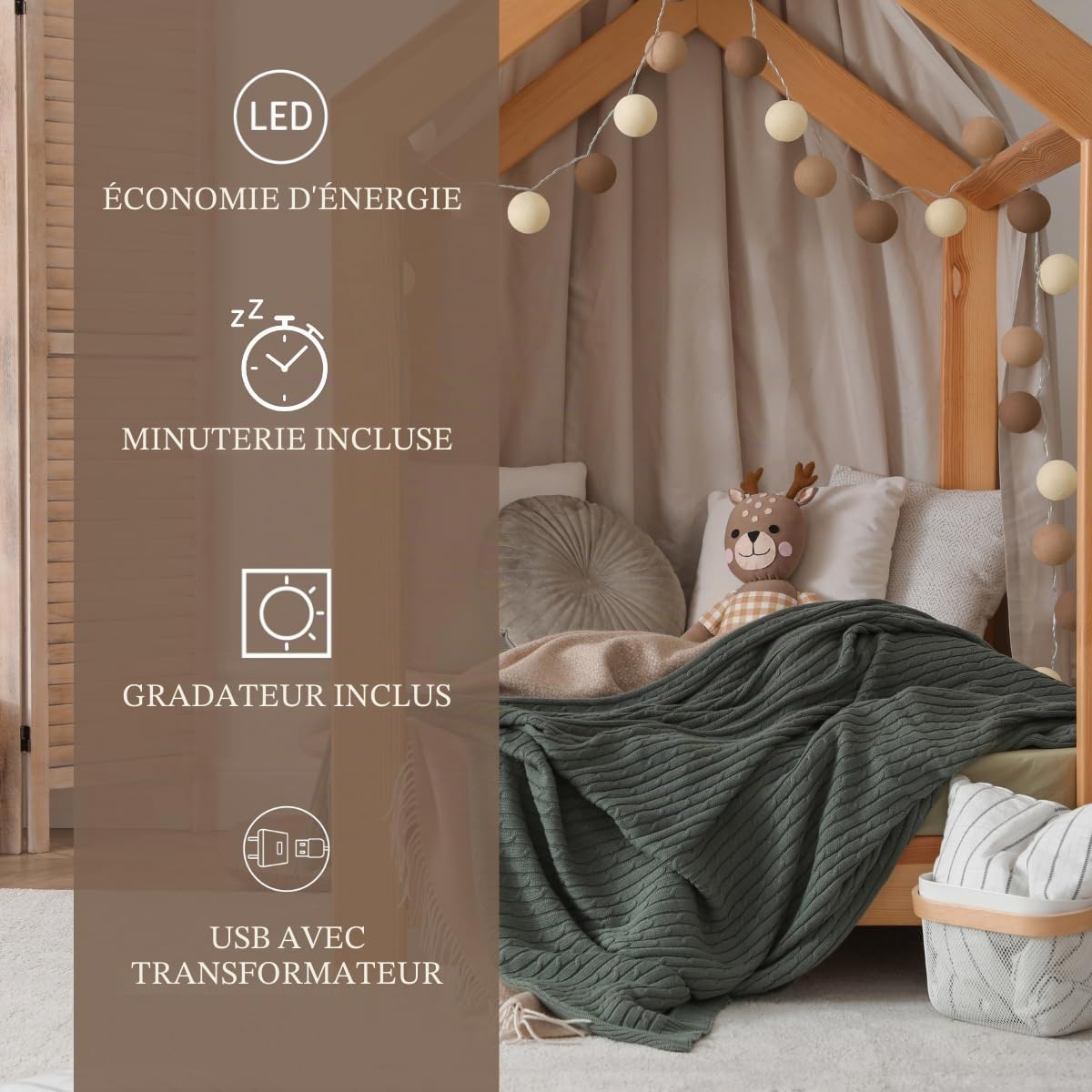 CREATIVECOTTON Guirlande Lumineuse, Boules de Coton avec Mode Timer et Mode Veilleuse (Cappuccino, 20 boules)