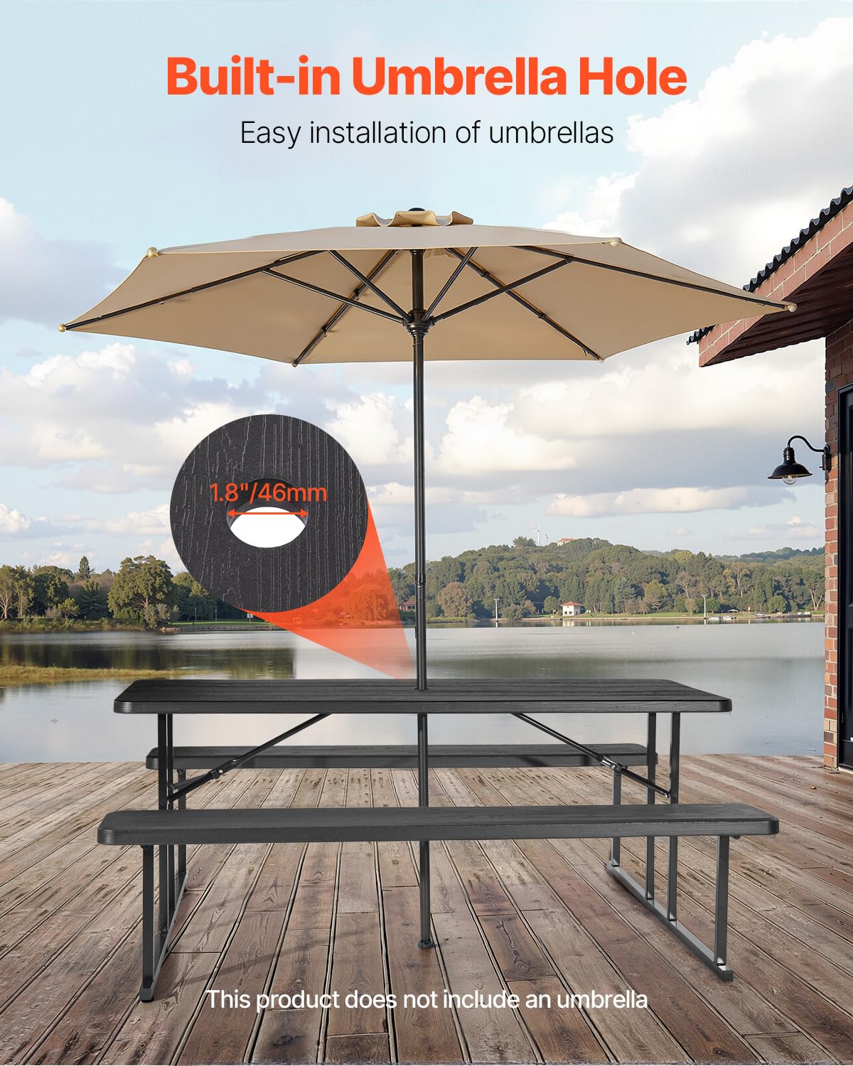 VEVOR Mesa de Pícnic Plegable 180 x 74 x 3,7 cm con Bancos de 180 x 30 x 4,5 mm Estructura de Acero Mesa de Comedor Interior Exterior con Orificio para Sombrilla para Patio, Jardín, Piscina, Negro