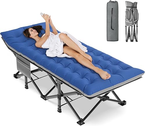 Miniatura 13 de ZENPETIO Catre de campamento para adultos, catre portátil de alta resistencia con colchón, catres de dormir plegables y acolchados para camping