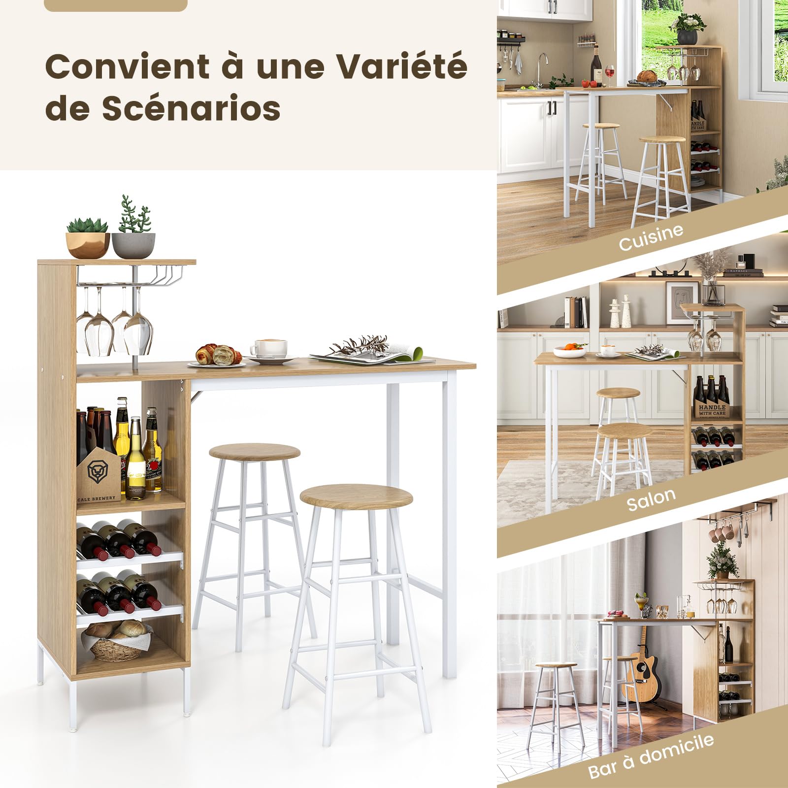 COSTWAY Table Haute Cuisine avec Tabouret, Mange Debout Industriel avec Porte-Verre Porte-Bouteilles, Table Bar avec Tabouret 2 Personnes Compact pour Cuisine Salle à Manger Salon Bistro