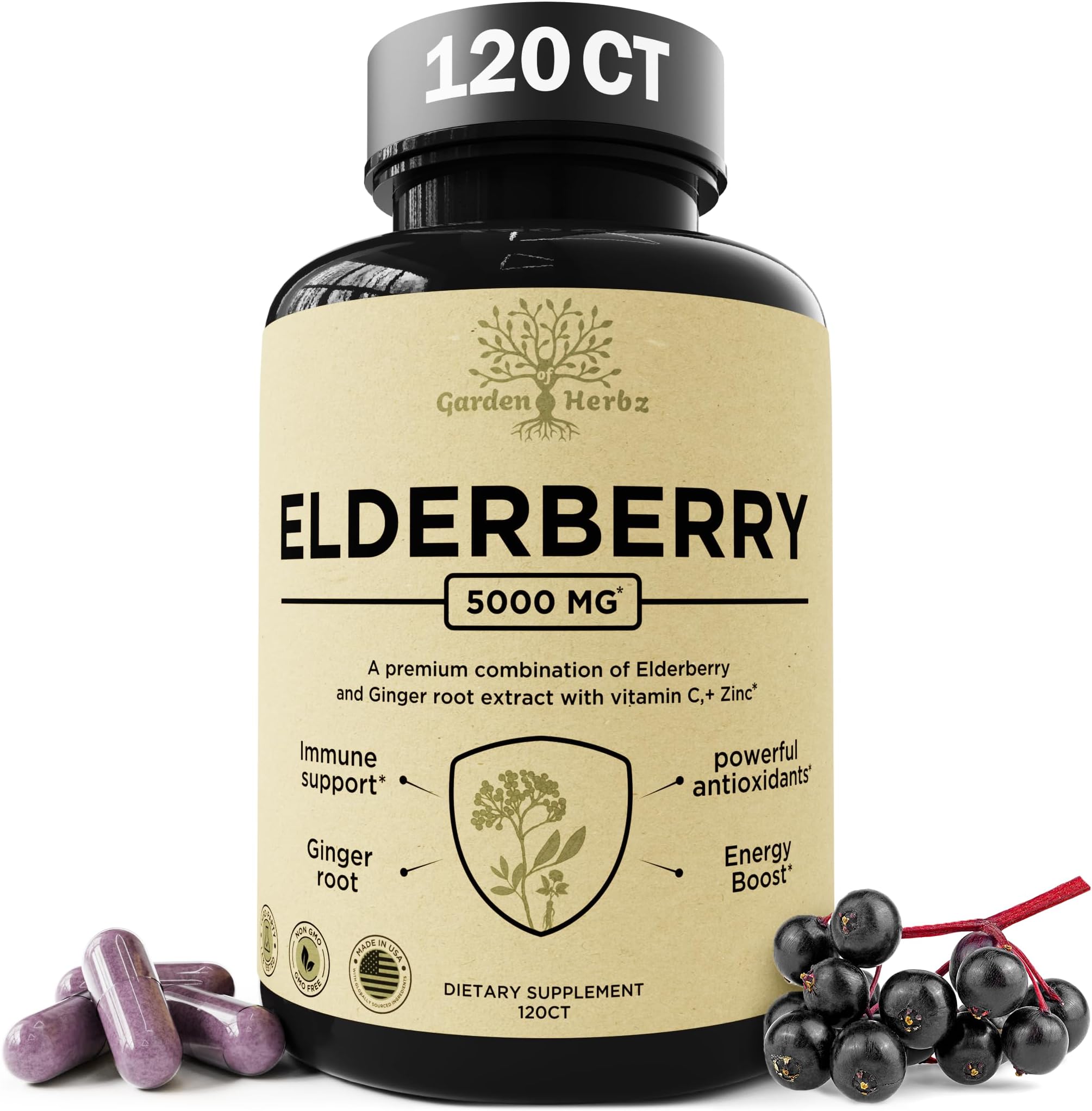 Elderberry with Vitamin C, Zinc, & Ginger โ Potent Immune Booster 5000 Mg Elderberry, Zinc, & Vitamin C โ Non-GMO Immunity Vitamins for Adults to Help You Feel Vibrant, 120 Caps