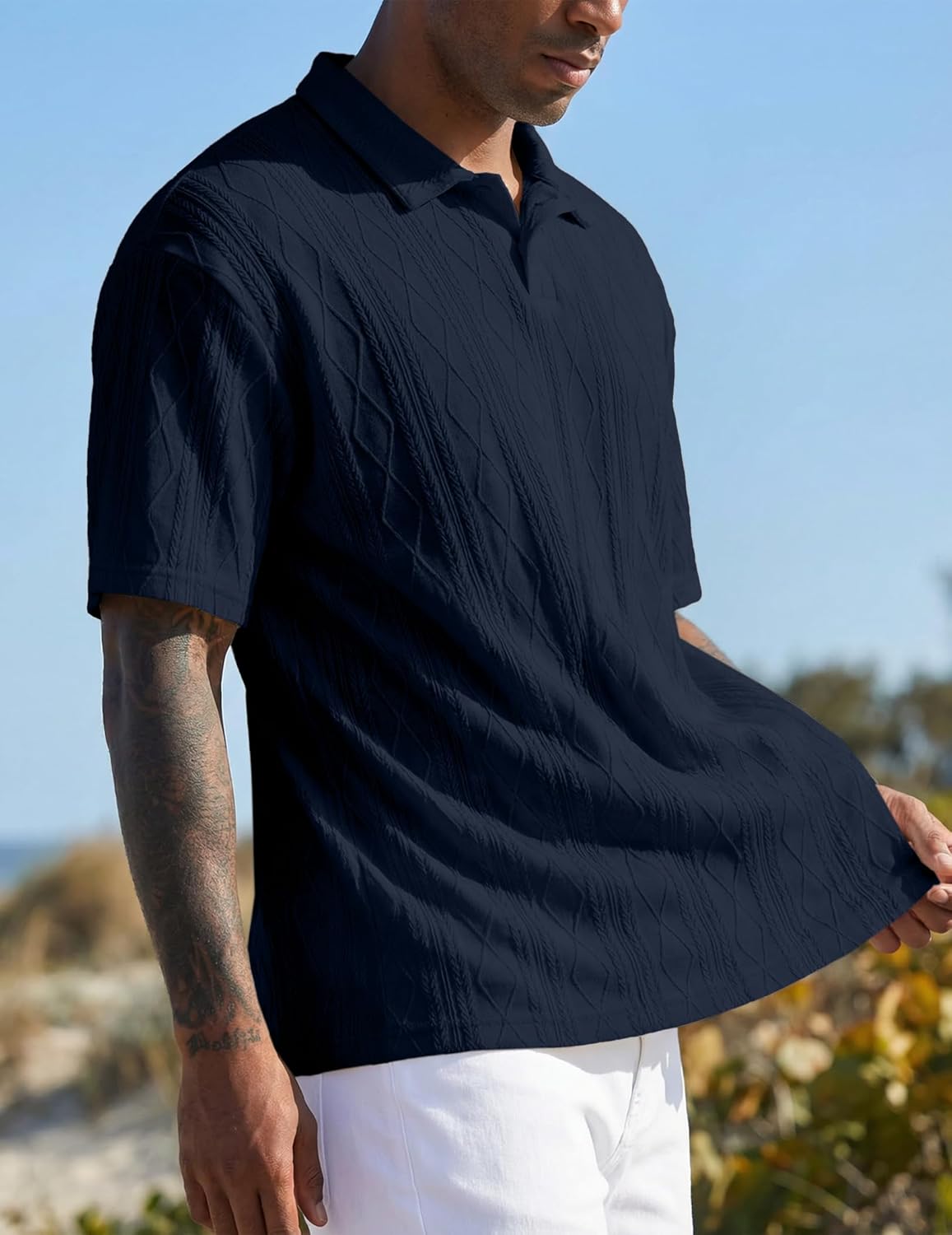 JMIERR Mens Polo Shirt Textured Knit Button Casual Short Sleeve Summer Vacation Beach Stretchy Golf Shirts - Image 3