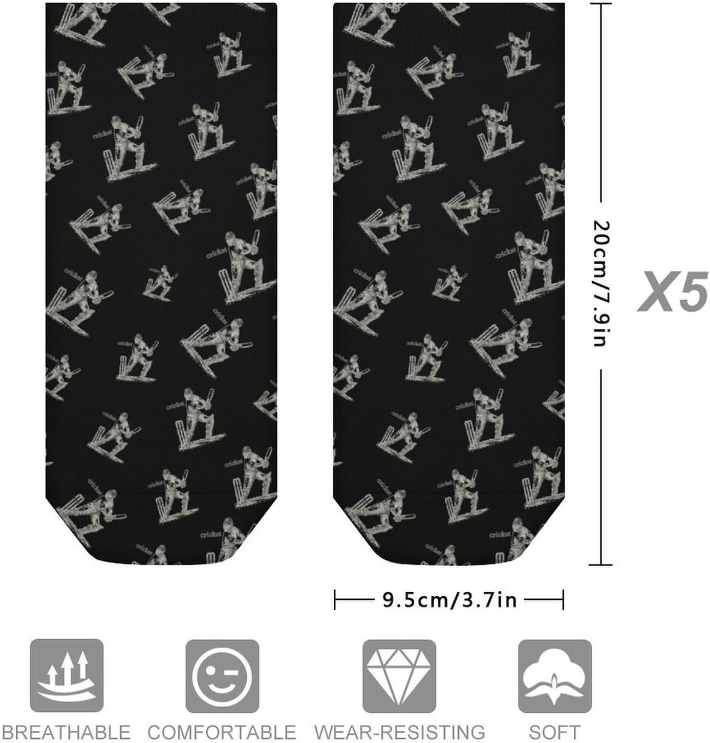 Cricket Player 5 Pairs Low Cut Ankle Socks Casual Liner Sock No Show Invisible Socks for Men Women