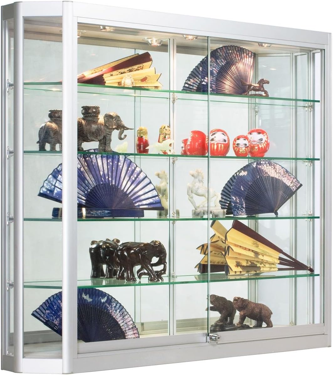 Displays2go Wall Mounted Glass Retail Cabinet with Lighting, Aluminum, 4 Shelves, Tempered Glass – Silver (WC478LEDS)