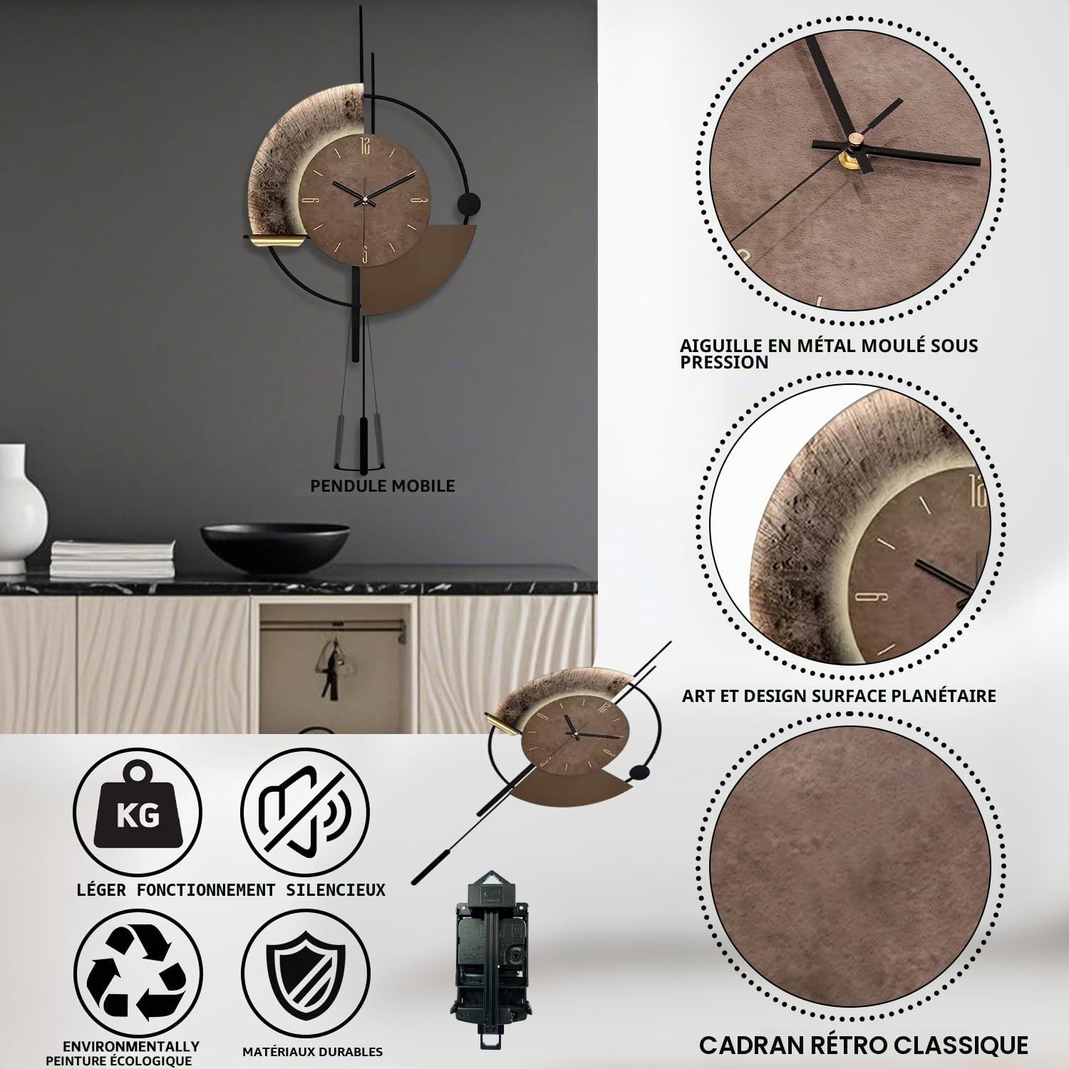 Horloge Murale, Horloges Murales Décoratives avec Pendule, Silencieuse Qualité Quartz Horloge à Piles Grande Horloge pour Salon, Cuisine, Maison, Salle de Bain, Chambre Décoration Murale, 18,9