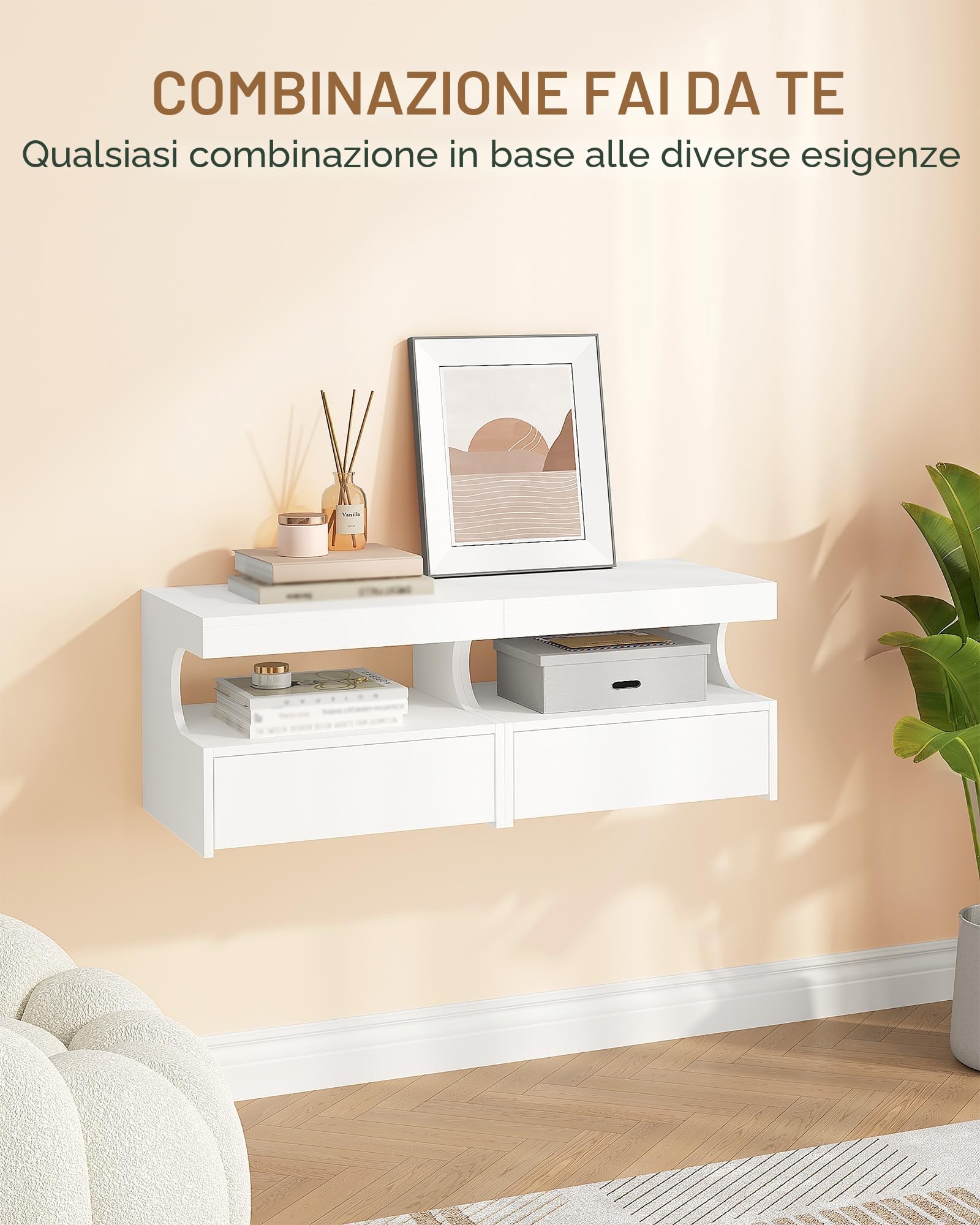 Hzuaneri Comodino Sospeso Set di 2, 1 Cassetto con Guide, Spazio Aperto a Forma di U, Moderno, per Camera da Letto Soggiorno, 30 x 40 x 29,2 cm, Bianco NS50203X