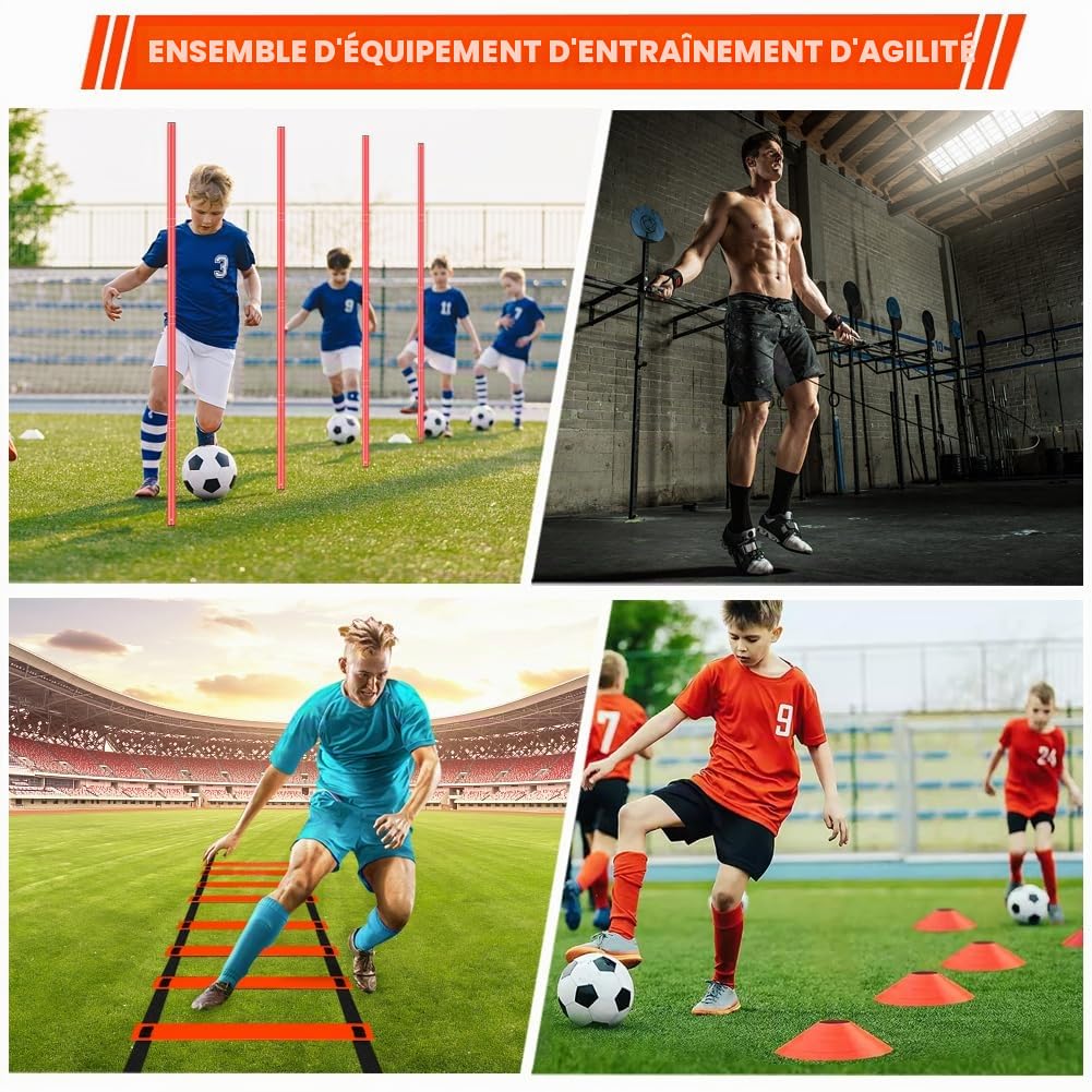 Kit d'obstacles L'agilité pour Enfants et Adolescents（Orange） | Accessoires D'entraînement de Football,Livrés 6 Barres D'obstacles, Échelle D'agilité, Cônes,Corde À Sauter,Rangement