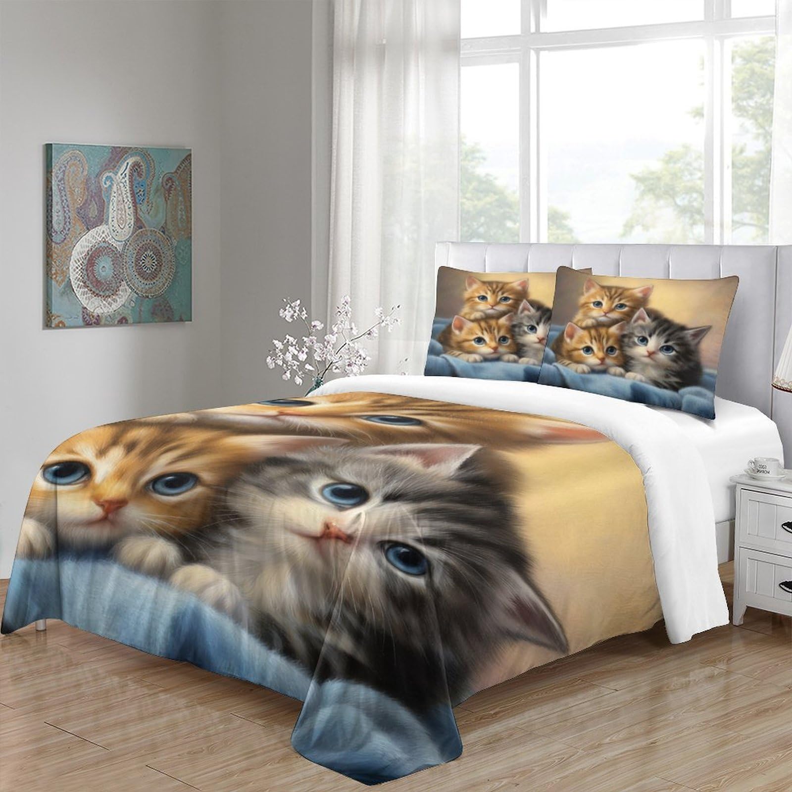 Nettes Kätzchens 3-teiliges Reines Polyester Digitale Malerei Stil Bettbezug, Versteckter Reißverschluss, Krippenbettwäsche, Babysicher & Pflegeleicht King（220x240cm）