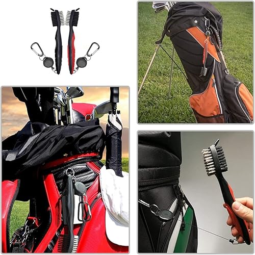 Miniatura 4 de 2 cepillos para palos de golf, herramientas de limpieza de club de doble cerda, limpiadores de palos de golf con mosquetón retráctil de aluminio de