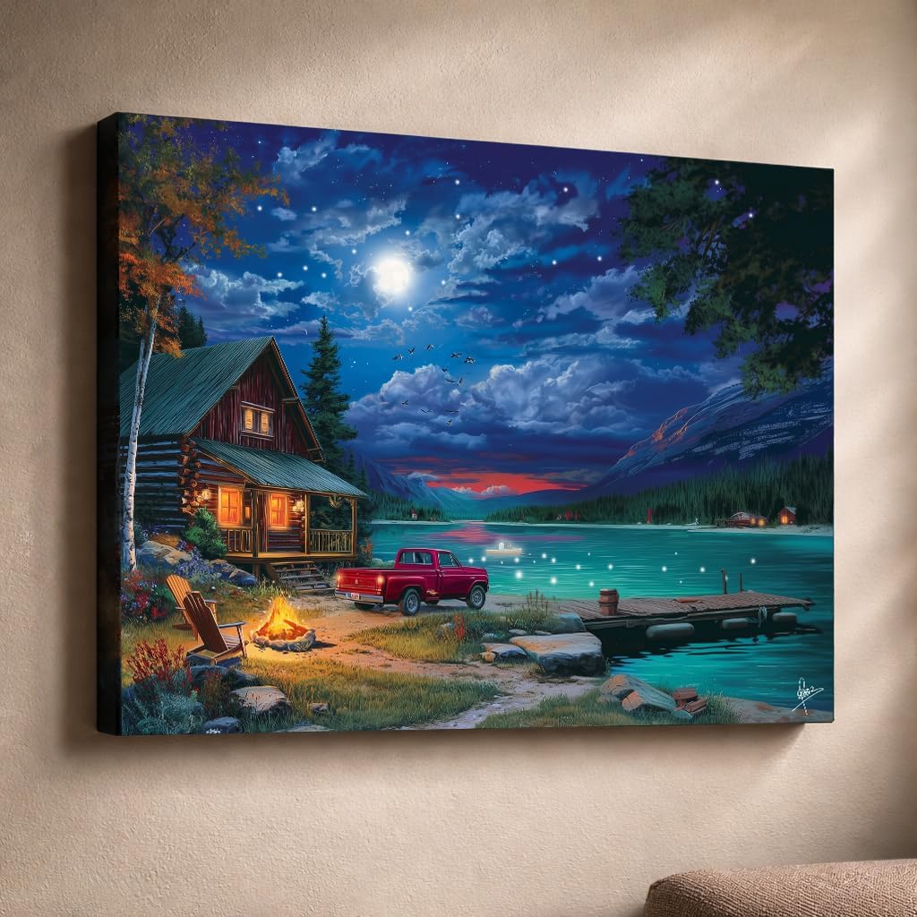 Artiluxy LED Canvas Wall Art, Cabin Lake House Wall Decor with Built-In LED,Battery Operated & Auto Timer, 24×18in Rustic Night Scene