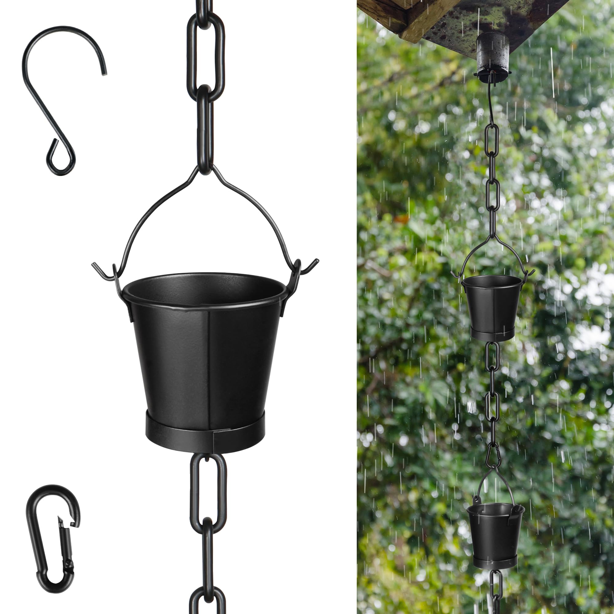 Invech 12.5FT Adjustable Rain Chains for Gutters, Outside Rain Chains with 12 Cups, Bucket Shape Rain Catcher Chain for Eaves Drainage, Replacement for Downpout