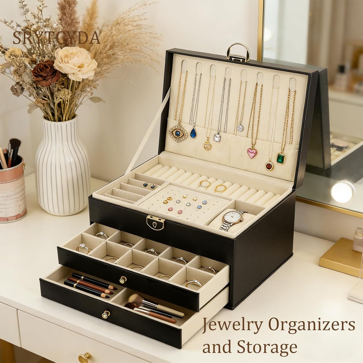 SRTCYDA Jewelry Box for Women, Large PU Leather jewelry organizers and storage, 3-Layer Jewelry Storage with 2 Drawers, Space-Saving Design for Vanity, Holds All Types of Jewelry (Black)
