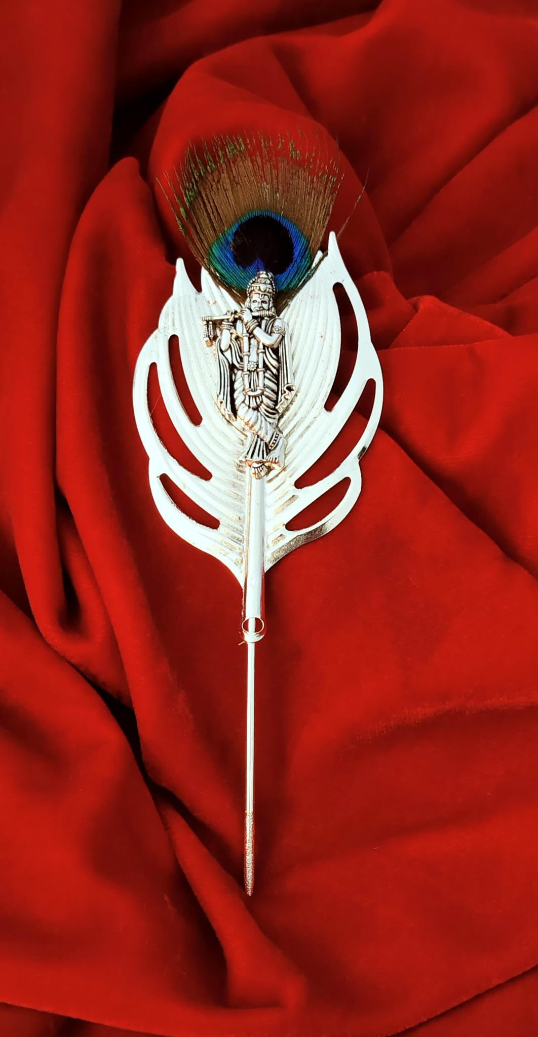 ASTRO-D Decorative Tilak Stick, Silver White German Silver with Peacock Feather, Krishna Design, 10 cm-picture-11