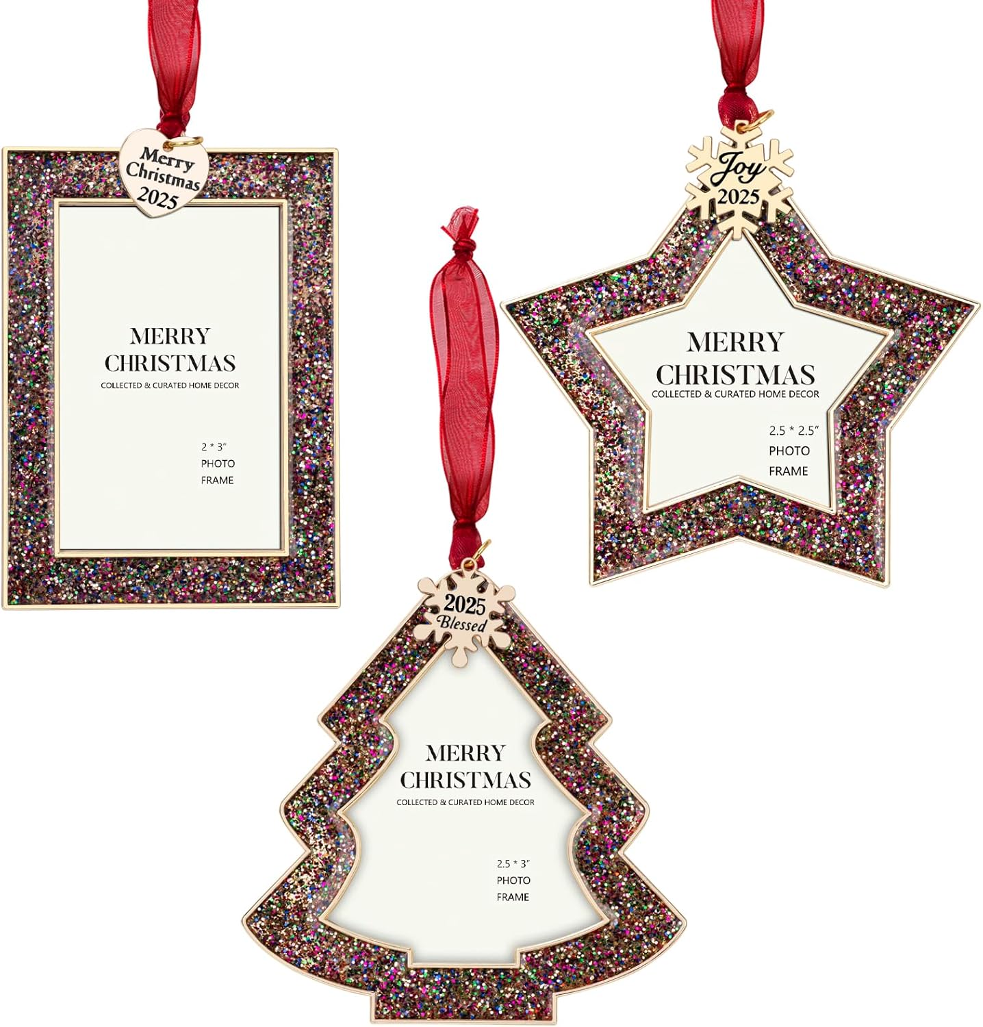 West style Christmas Tree Ornaments Set 3 Pieces Picture Frame Ornament- Made of Zinc Alloy Glitter Powder Pendant 2.5" Picture Frame for Pet and Baby Holiday Keepsake Gift(3 Pieces,2025)